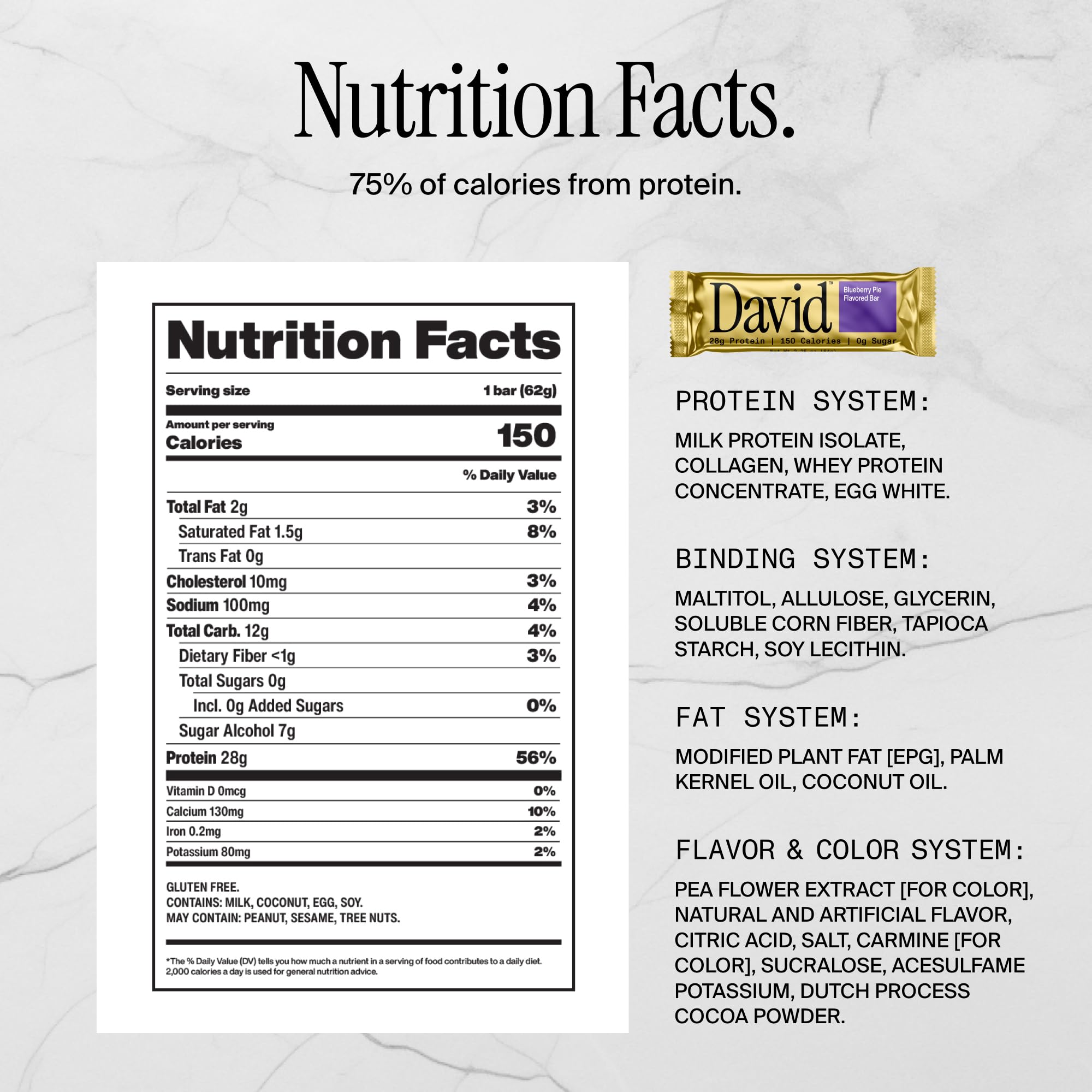 David High Protein Bars No Sugar - Sugar Free Protein Bars, Low Carb, Gluten Free - 28g of Protein, 150 Calories - David Bar On-The-Go Snack - Peanut Butter Chocolate Chunk Flavor, Pack of 12