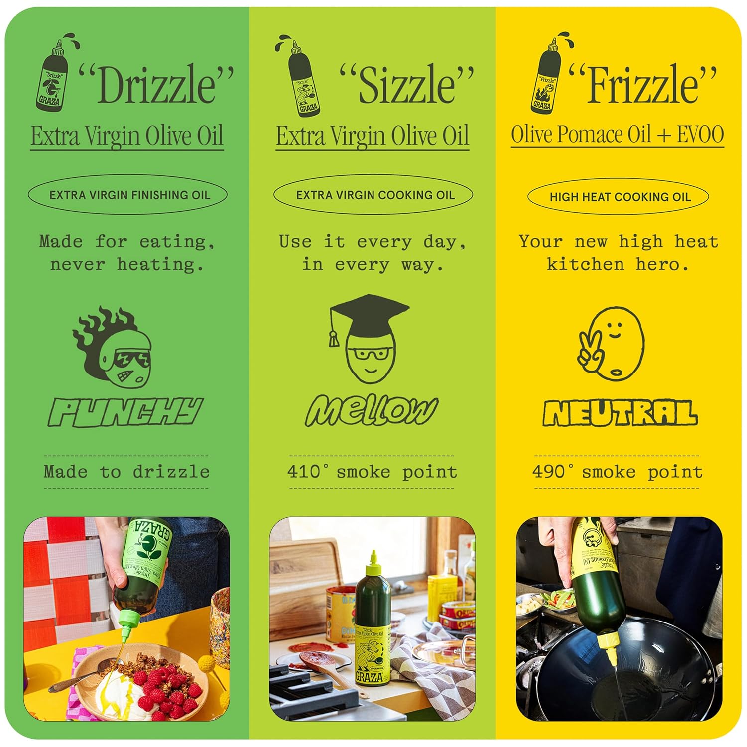Graza Sizzle Extra Virgin Olive Oil, Cooking Oil - High Polyphenol Peak Harvest EVOO Cooking Oil in a Squeeze Bottle - Single Farm Olives from Spain - 25.3 Fl Oz (750ml) Refill Can