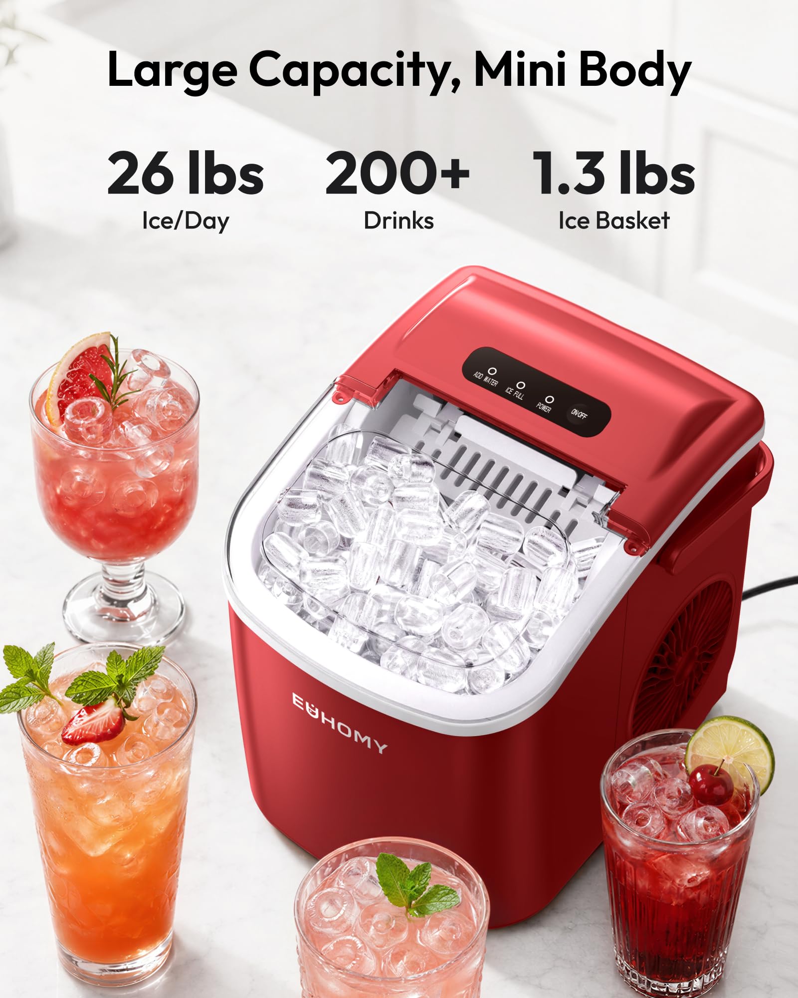 EUHOMY Countertop Ice Maker Machine with Handle, 26lbs in 24Hrs, 9 Ice Cubes Ready in 6 Mins, Auto-Cleaning Portable Ice Maker with Basket and Scoop, for Home/Kitchen/Camping/RV. (Black)