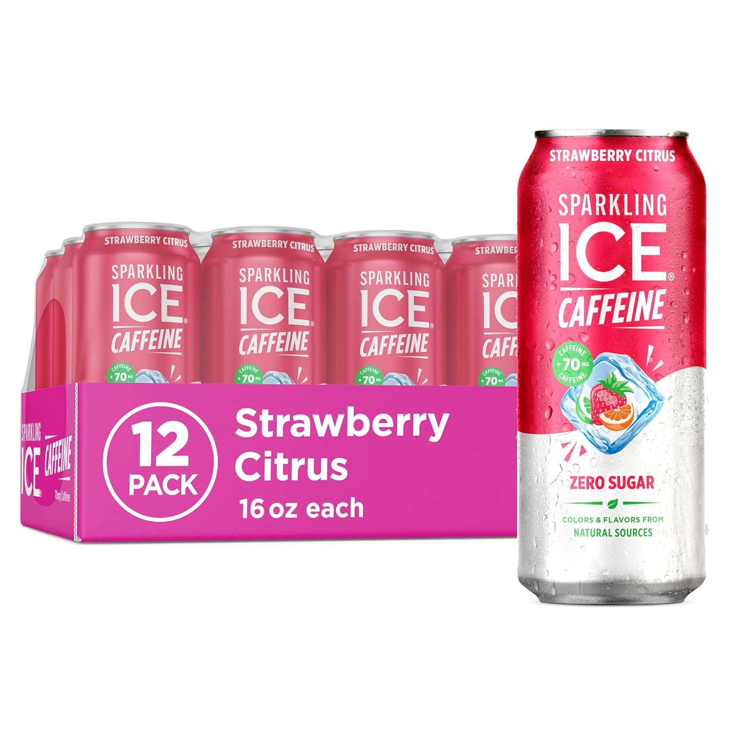 Sparkling Ice Caffeine Blue Raspberry Sparkling Water with Caffeine, Zero Sugar, with Antioxidants and Vitamins,16 fl oz Cans (Pack Of 12)