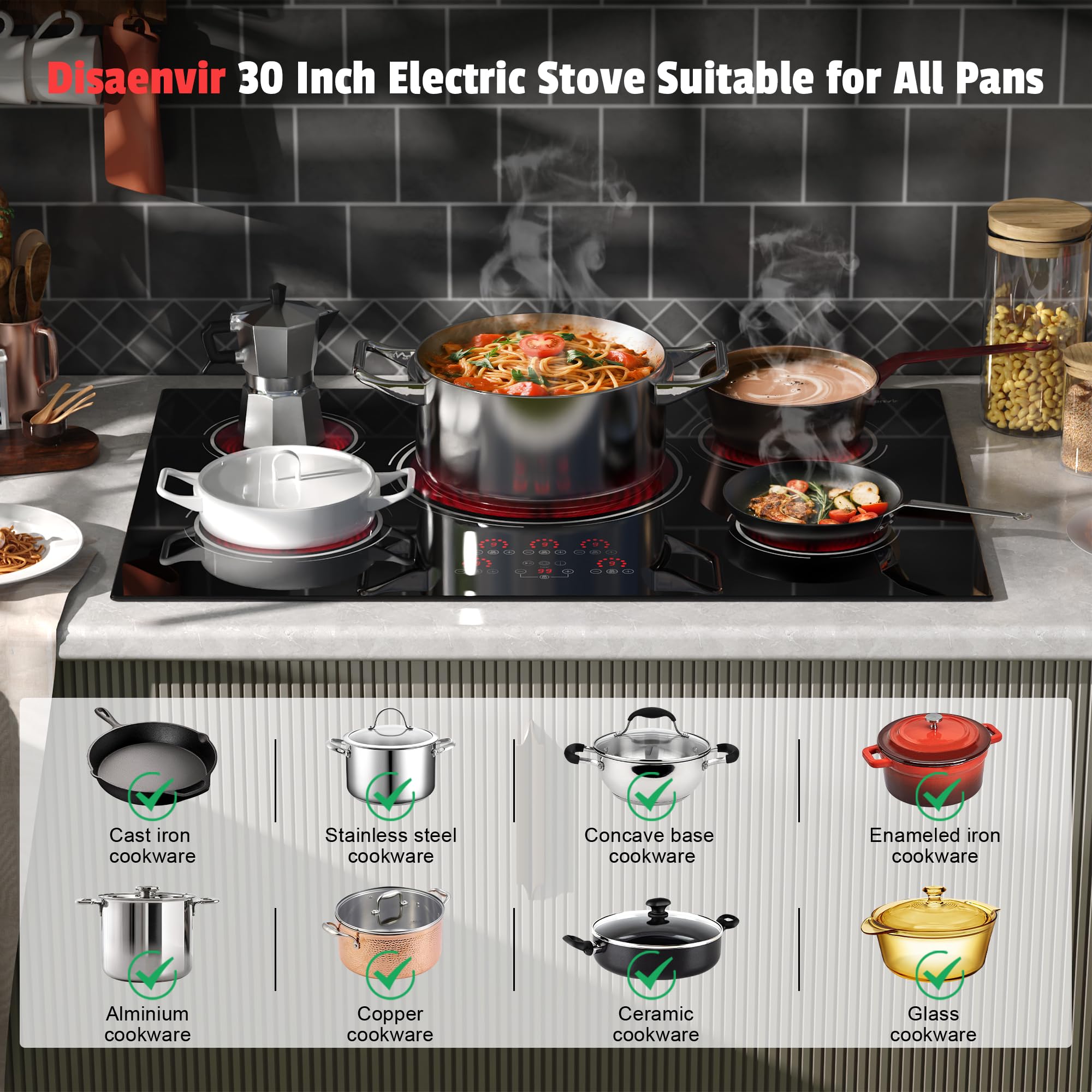 Disaenvir 29.13 Inch (Cut-out Size: 29.13"x19.3") Electric Cooktop - 30 Inch 9000W Powerful 5 Burner Electric Stovetop, Built-in Ceramic Stove 30“, Timer, Safety Lock, Pause, 240V Hard Wired (No Plug)