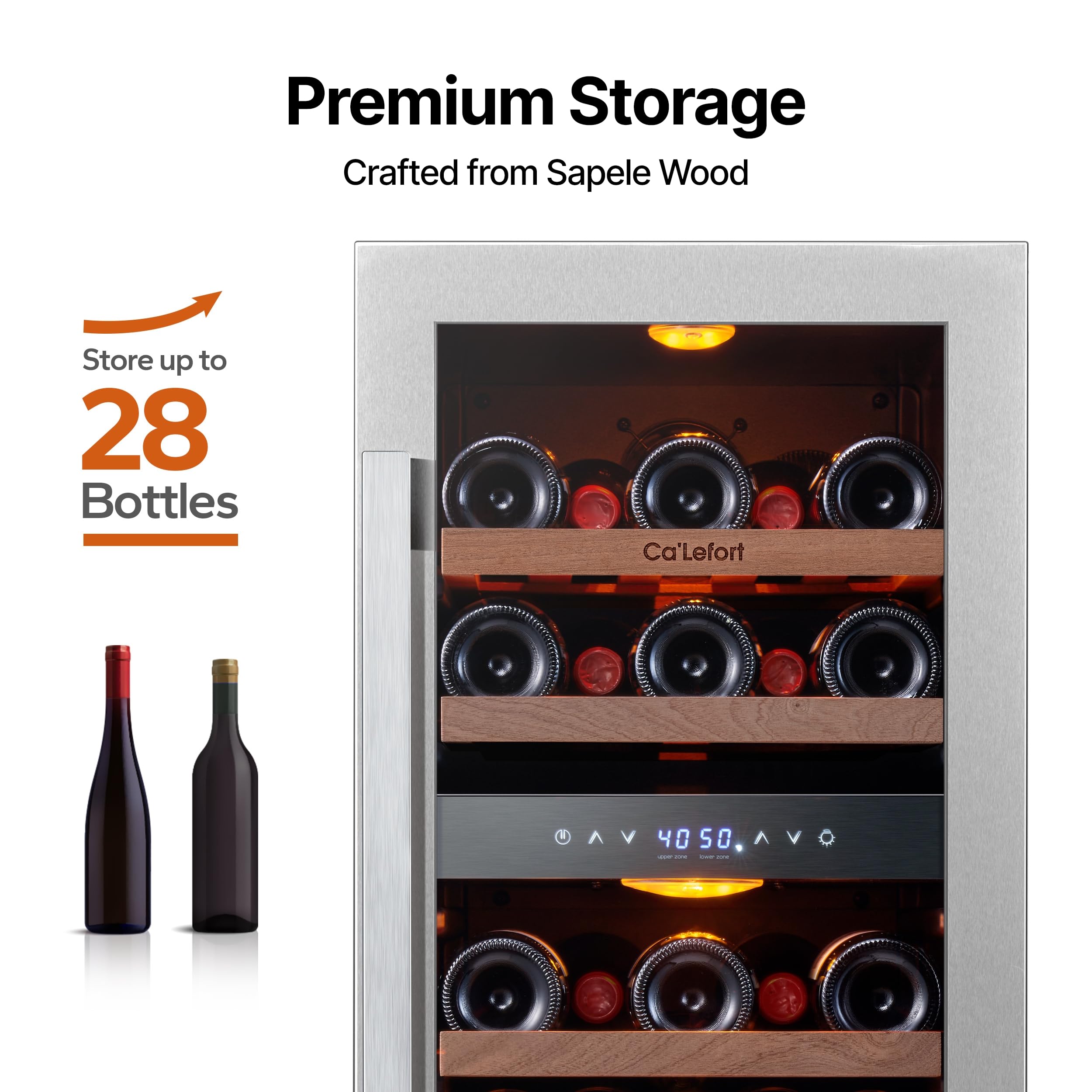 Ca'Lefort 15 Inch Wine Fridge, 33 Bottle Wine Cooler Refrigerator, 40-65°F Wine Refrigerator Glass Door, 3 LED Wine Fridge, Built-in or Freestanding Fridge for Home/Bar/Kitchen (3.0 cu.ft)