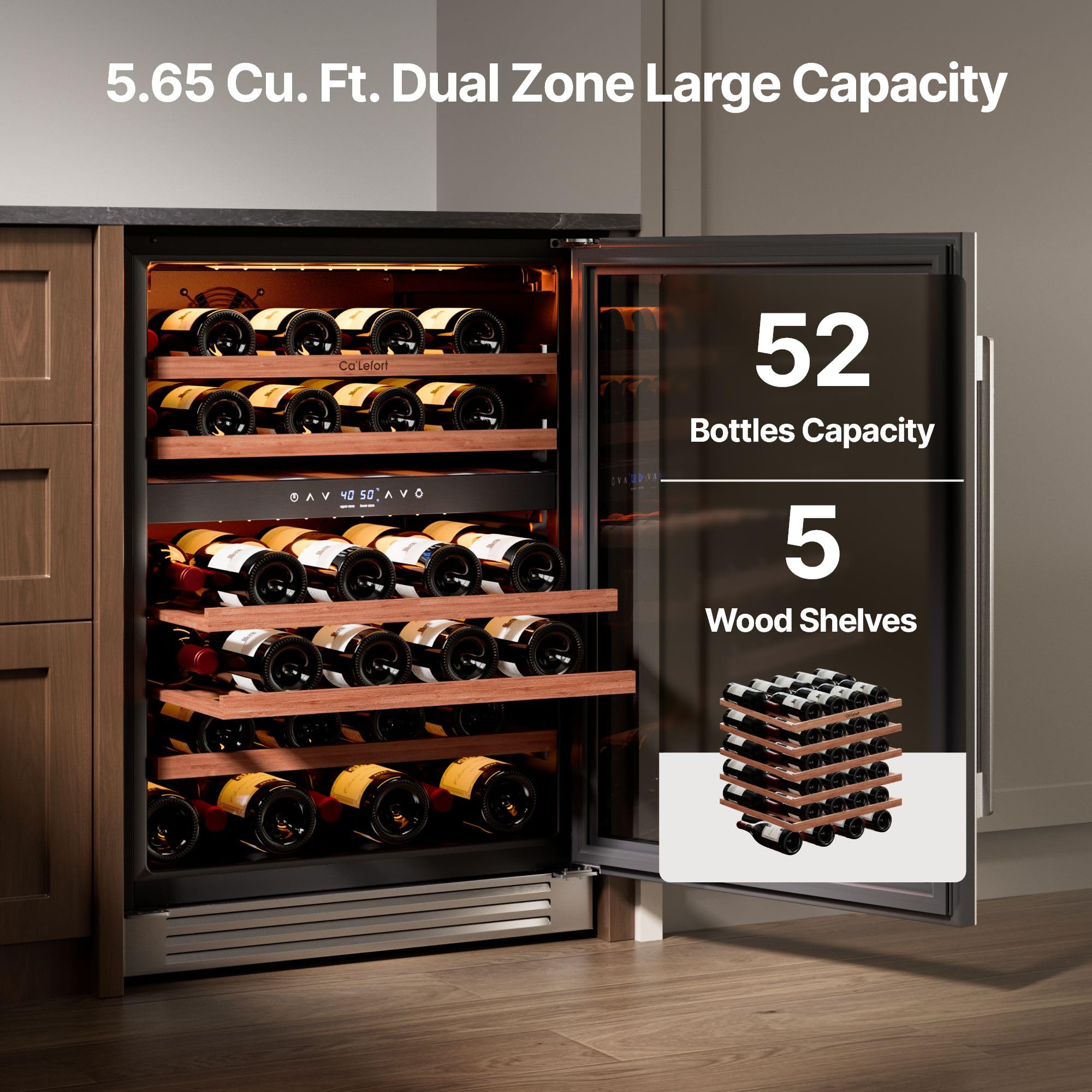 Ca'Lefort 15 Inch Wine Fridge, 33 Bottle Wine Cooler Refrigerator, 40-65°F Wine Refrigerator Glass Door, 3 LED Wine Fridge, Built-in or Freestanding Fridge for Home/Bar/Kitchen (3.0 cu.ft)