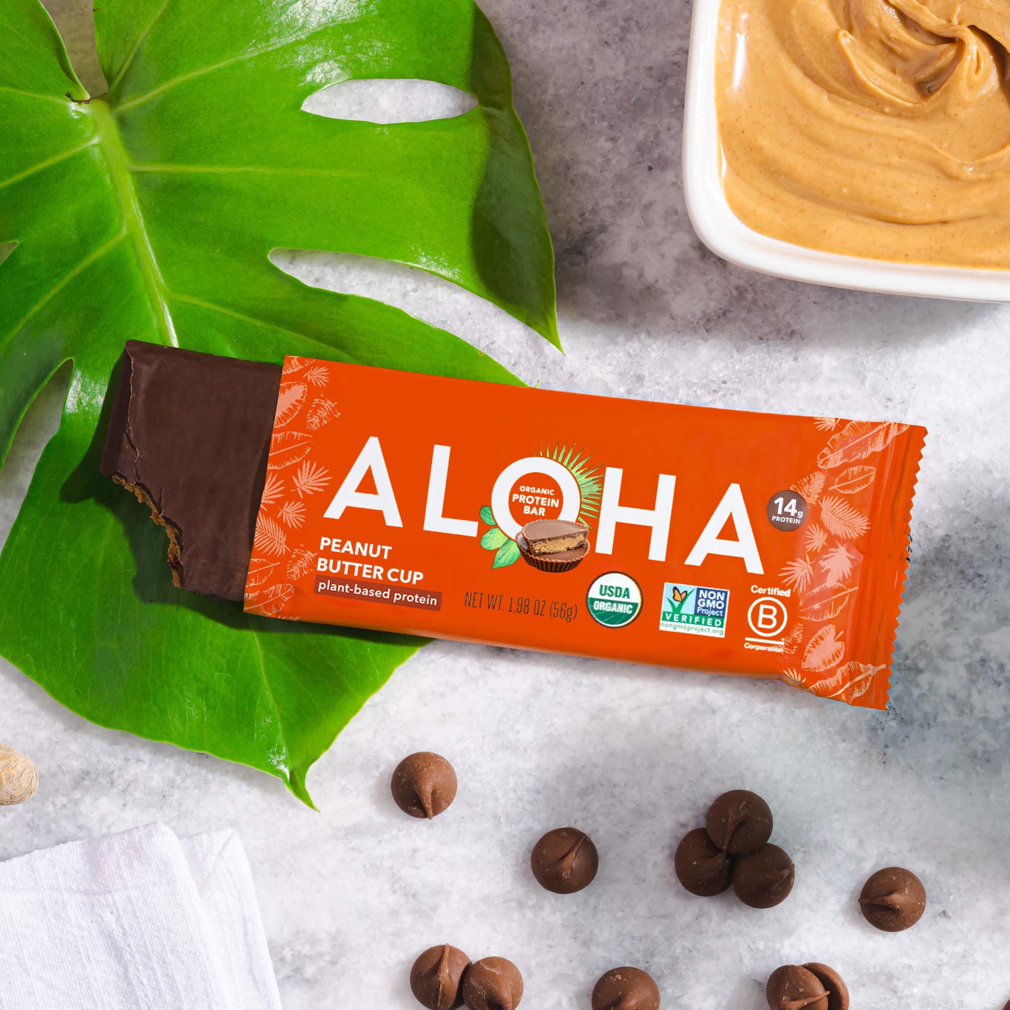 ALOHA Organic Plant Based Protein Bars |Peanut Butter Chocolate Chip | 1.98 Oz (Pack of 12) | Vegan, Low Sugar, Gluten Free, Paleo, Low Carb, Non-GMO, Stevia Free, Soy Free, No Sugar Alcohols