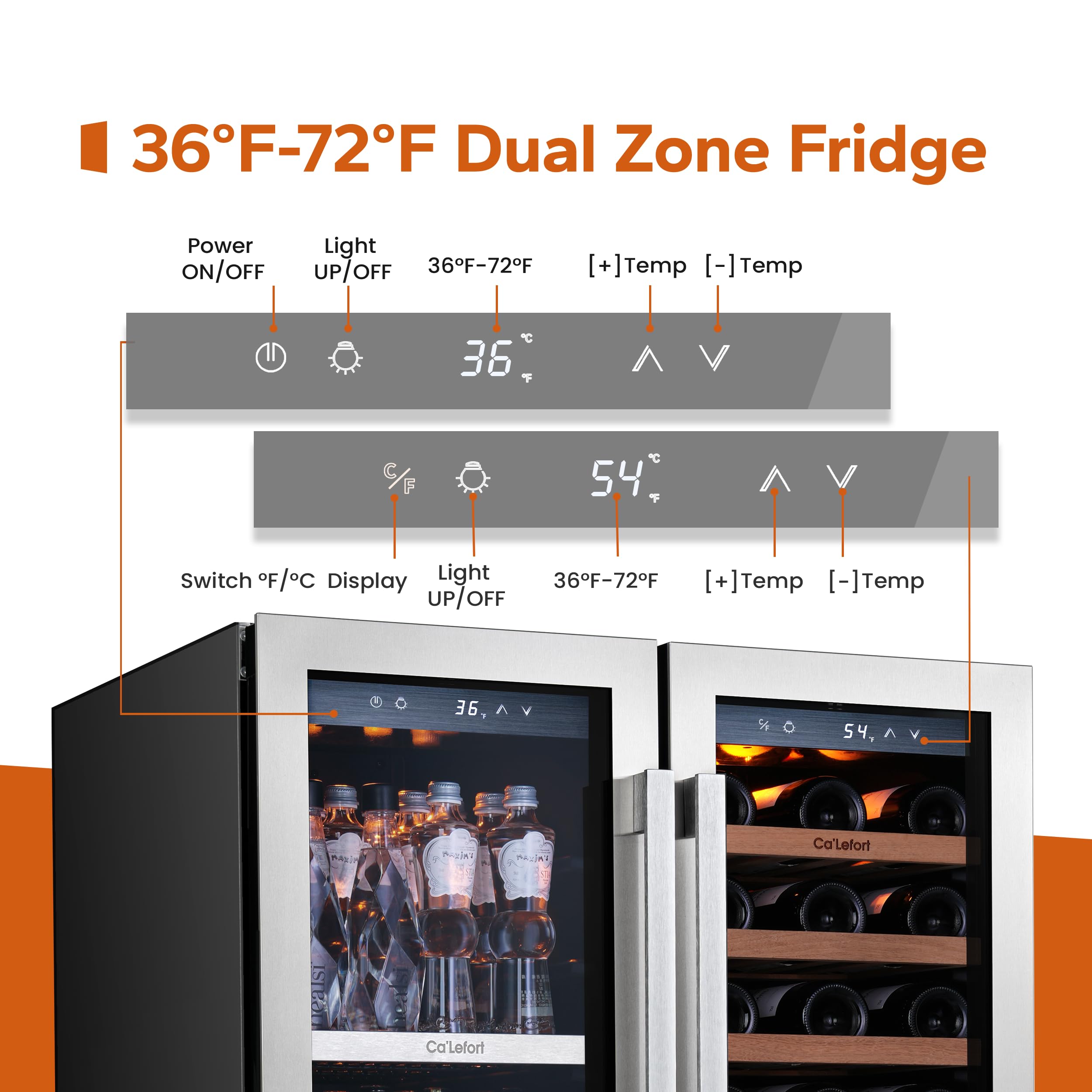 Ca'Lefort 15 Inch Wine Fridge, 33 Bottle Wine Cooler Refrigerator, 40-65°F Wine Refrigerator Glass Door, 3 LED Wine Fridge, Built-in or Freestanding Fridge for Home/Bar/Kitchen (3.0 cu.ft)