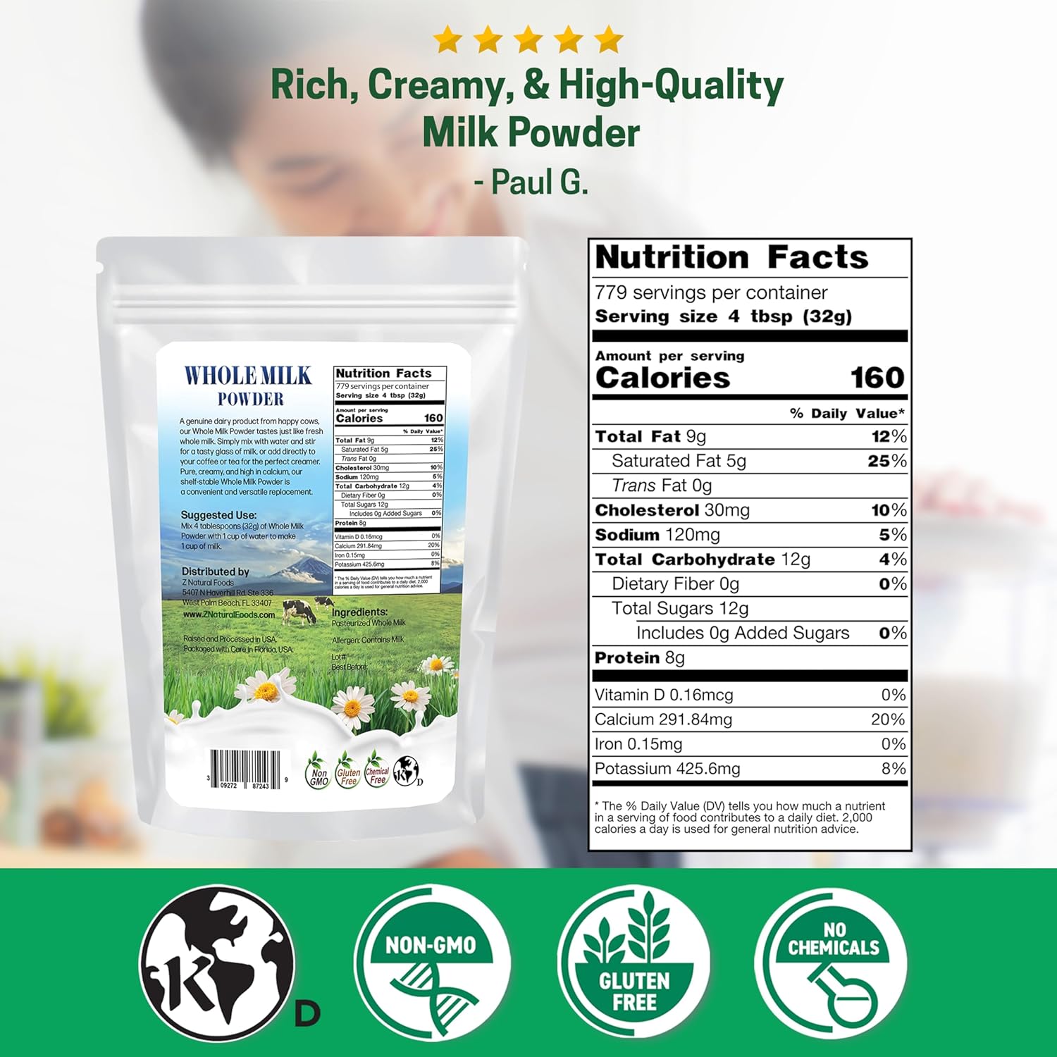 Z Natural Foods Premium Whole Milk Powder - Powdered Milk for Baking, Cooking, Drinks - Dry Milk Powder, Pasteurized, Non-GMO, Gluten-Free, Kosher-Certified, 5 lbs