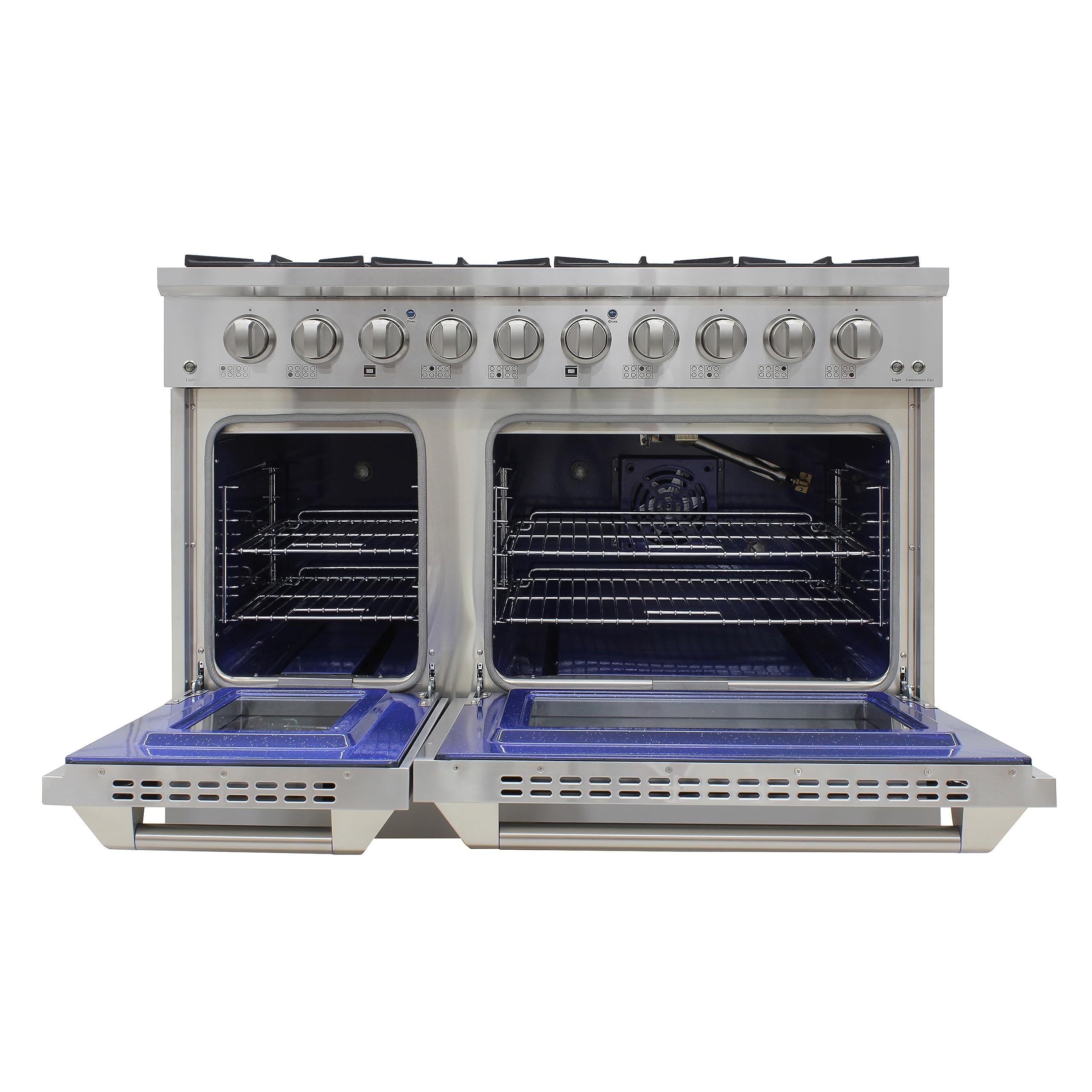 DUURA Elite Gas Range Cooktop, 48-Inch with Double Porcelain Convection Oven and Broil Function, 8 Sealed Burners Continuous Grates with Stainless Steel Construction, 6.7-Cu.Ft, Metallic