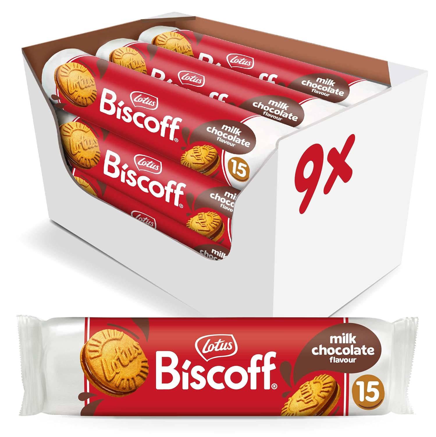 Lotus Biscoff Sandwich Cookies, Milk Chocolate Cream, 15 Cookies per pack, 5.29 Ounce (Pack of 9)