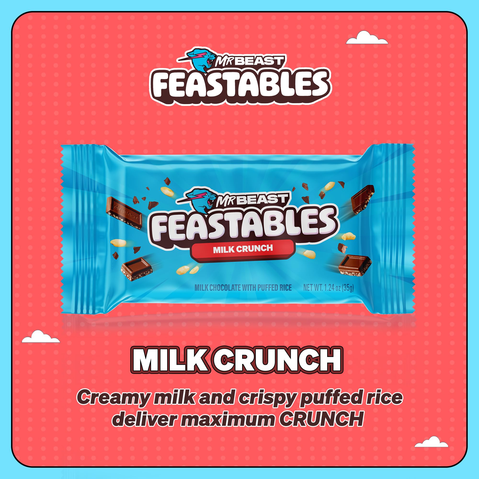 Feastables MrBeast Milk Chocolate Chocolate Bar, Full Size Bar for Adults & Kids, Candy Bars, Snacks, Gifts, or Dessert, Sweet & Creamy Fairtrade Cocoa, 1.24 Oz Each, 24 Count