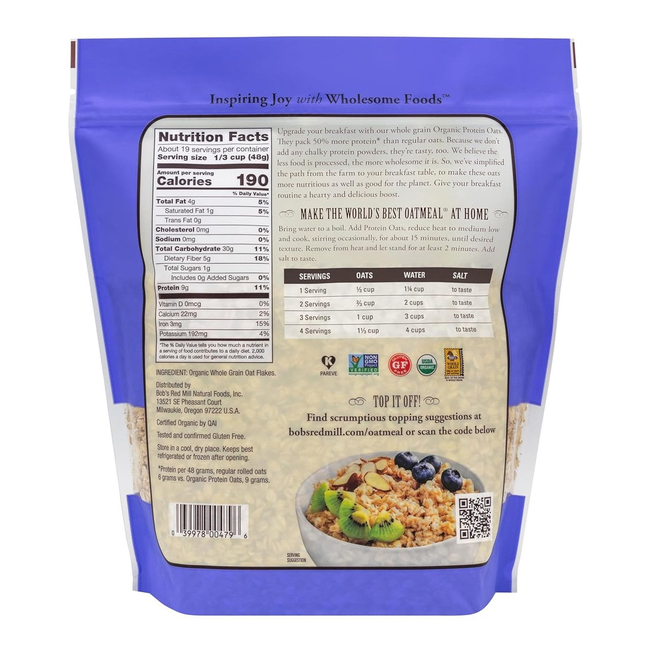 Bob's Red Mill Organic Gluten Free Protein Oats, 32oz (Pack of 4) - 9g/Serving, Non GMO, Whole Grain, Plant Based Protein, Vegan, Kosher