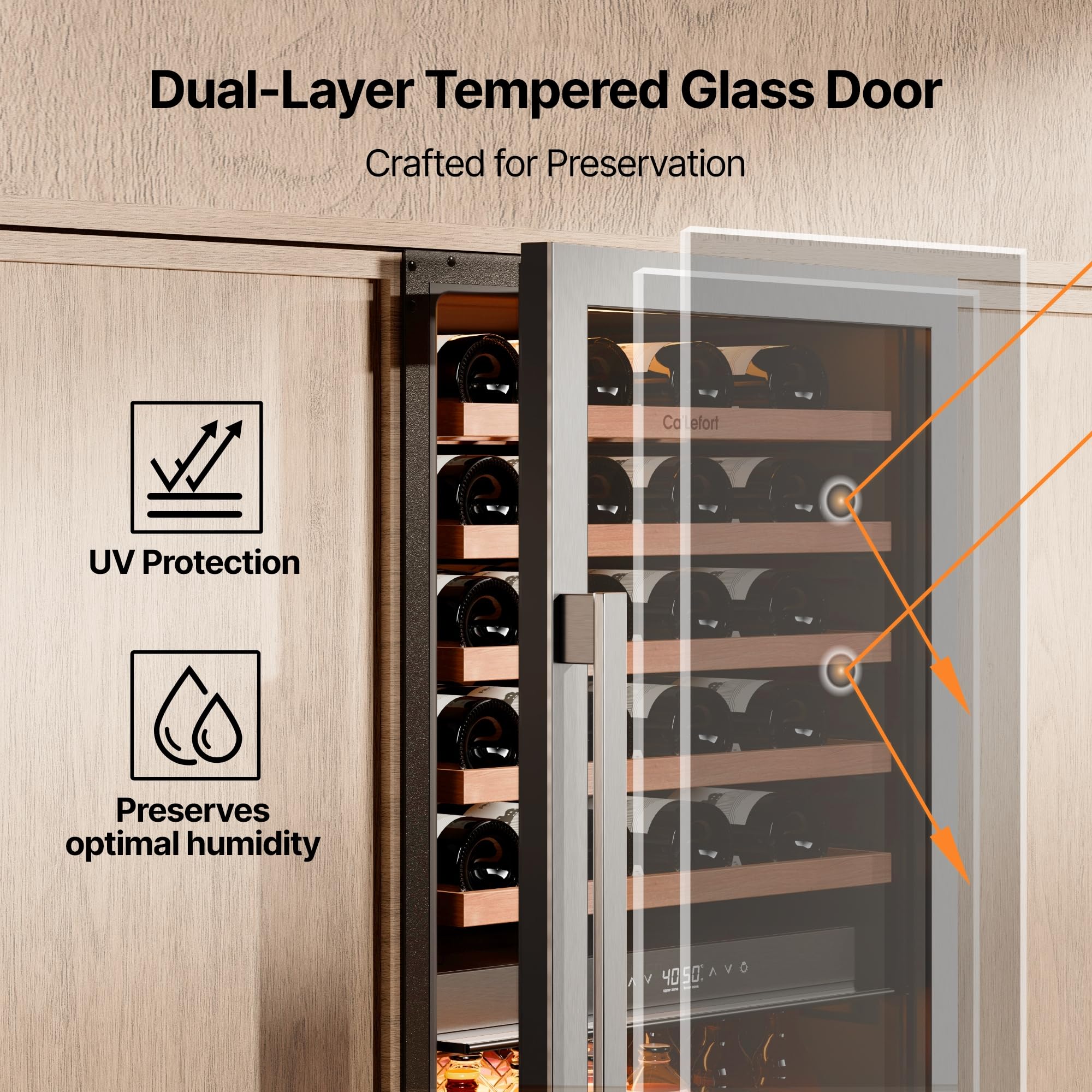 Ca'Lefort 15 Inch Wine Fridge, 33 Bottle Wine Cooler Refrigerator, 40-65°F Wine Refrigerator Glass Door, 3 LED Wine Fridge, Built-in or Freestanding Fridge for Home/Bar/Kitchen (3.0 cu.ft)
