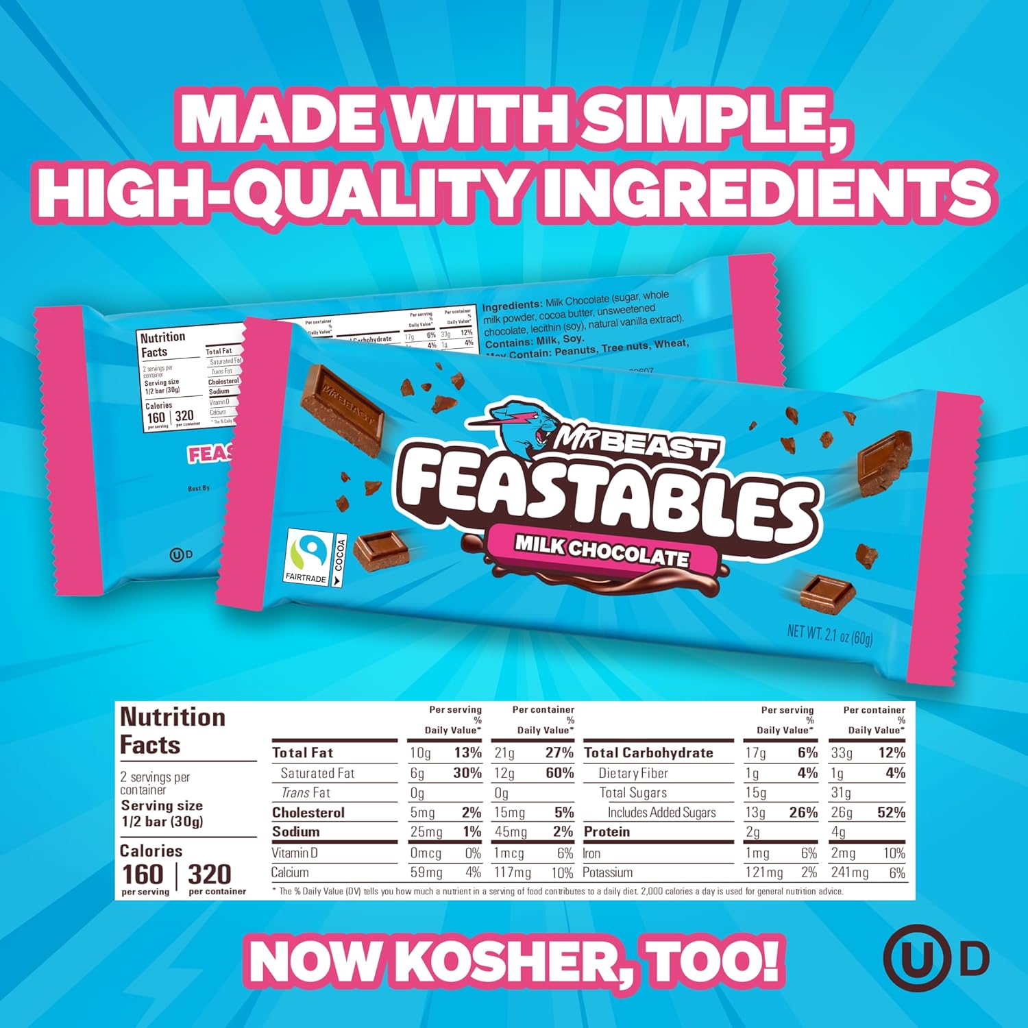 Feastables MrBeast Combo Pack, King Size Milk Chocolate & Milk Crunch Bars, 10 Each, Candy Bars for Adults & Kids, Candy Bar for Snacks, Gifts, or Dessert, Fairtrade Cocoa, 2.1 Oz Each, 20 Count
