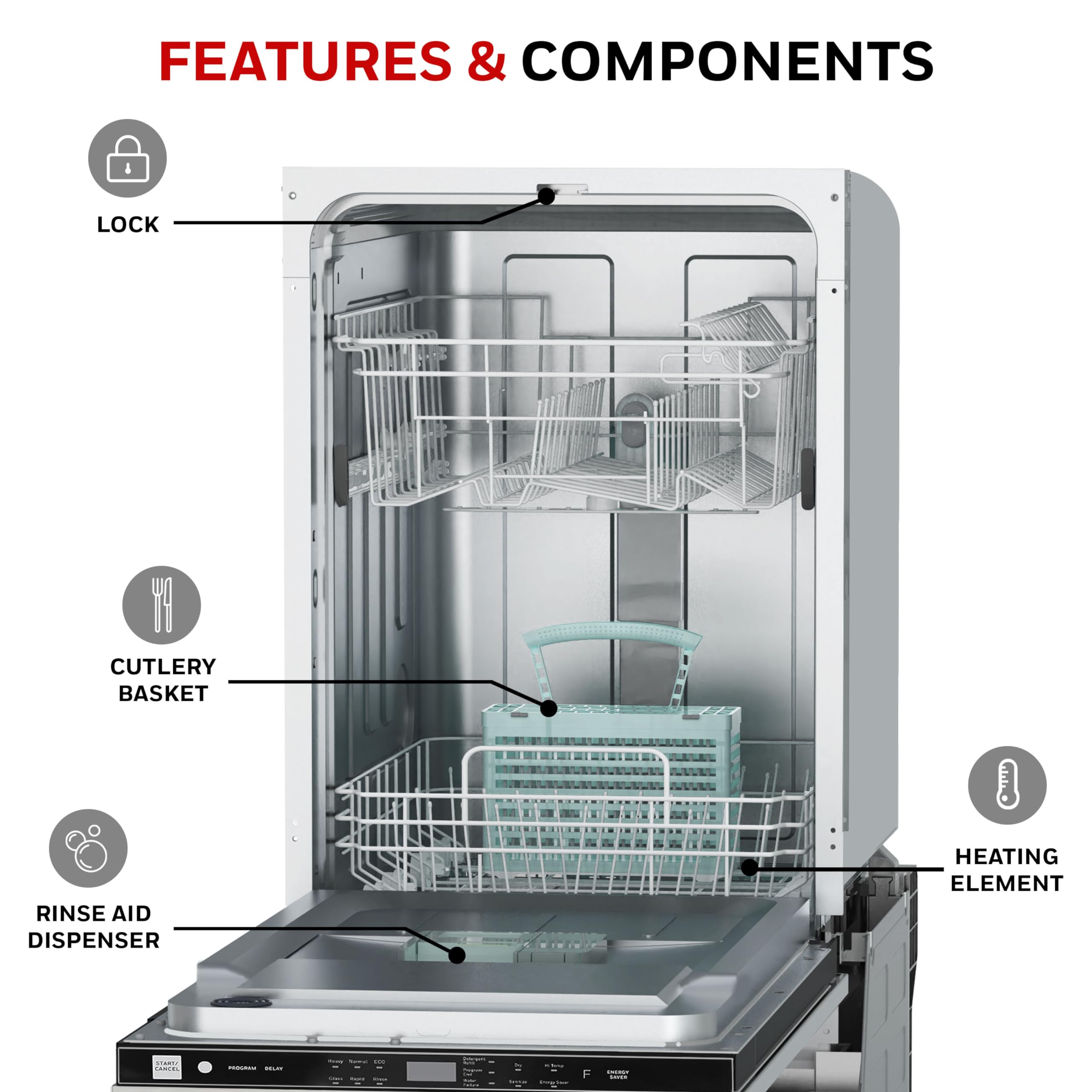 Honeywell 24 Inch Dishwasher with 12 Place settings, 7 Washing Cycles, Stainless Steel and Plastic Tub, UL/Energy Star- Stainless Steel