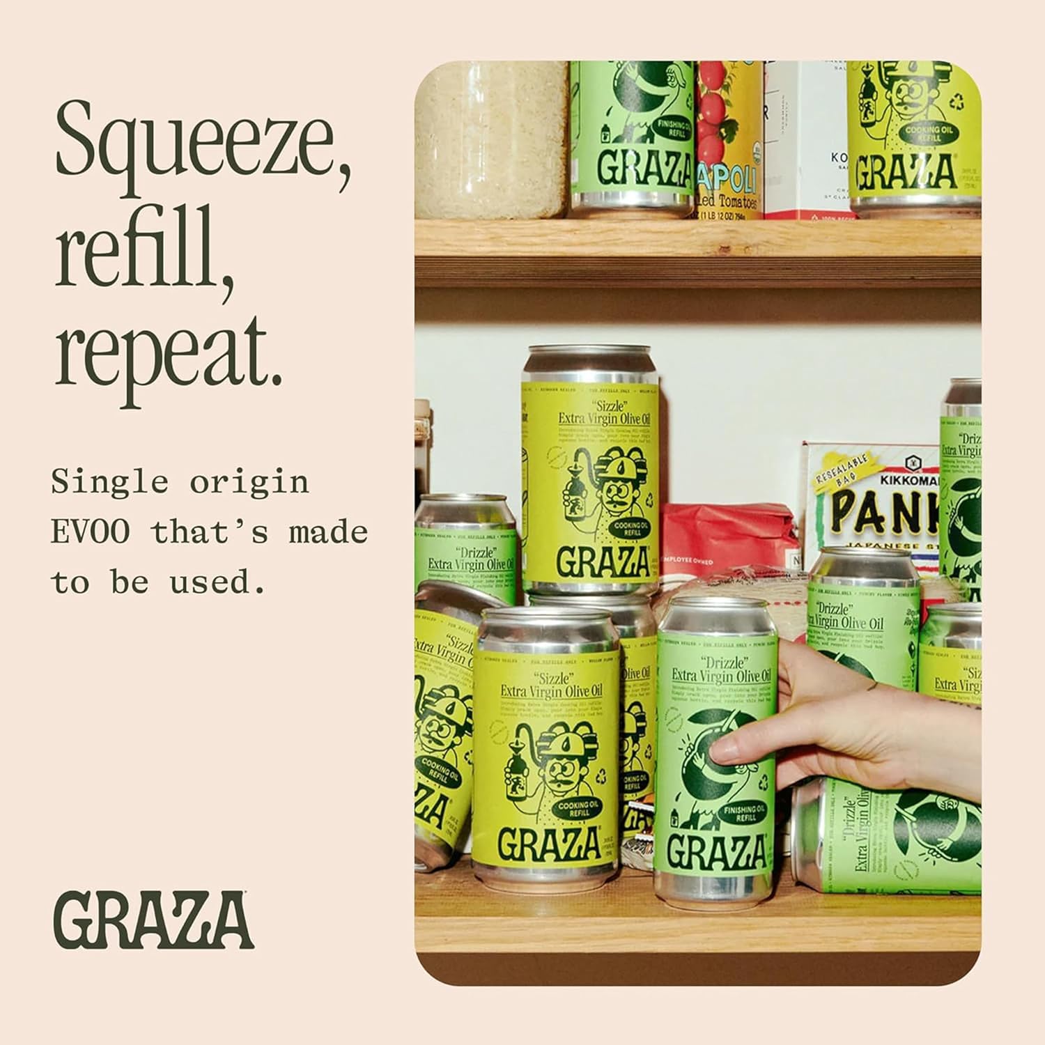 Graza Sizzle Extra Virgin Olive Oil, Cooking Oil - High Polyphenol Peak Harvest EVOO Cooking Oil in a Squeeze Bottle - Single Farm Olives from Spain - 25.3 Fl Oz (750ml) Refill Can
