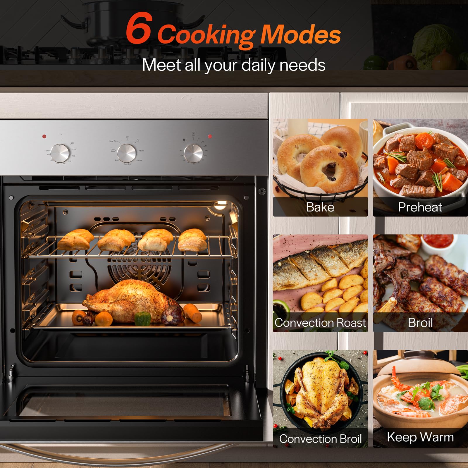 Empava 24 inch Electric Single Wall Oven, 2.5 Cu.ft.. Stainless Steel Built in Wall Oven with Basic Broil Bake Functions, Mechanical Knobs Control, 24WOE40L