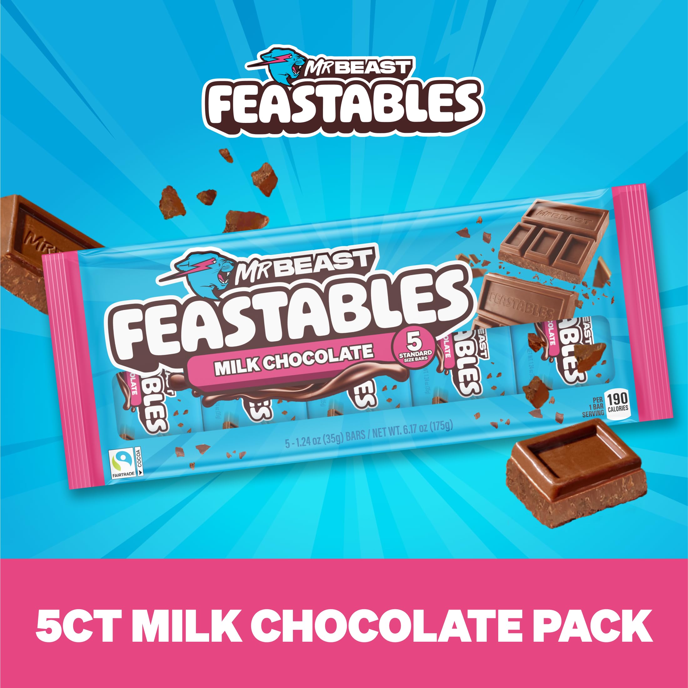 Feastables MrBeast Milk Chocolate Chocolate Bar, Full Size Bar for Adults & Kids, Candy Bars, Snacks, Gifts, or Dessert, Sweet & Creamy Fairtrade Cocoa, 1.24 Oz Each, 24 Count