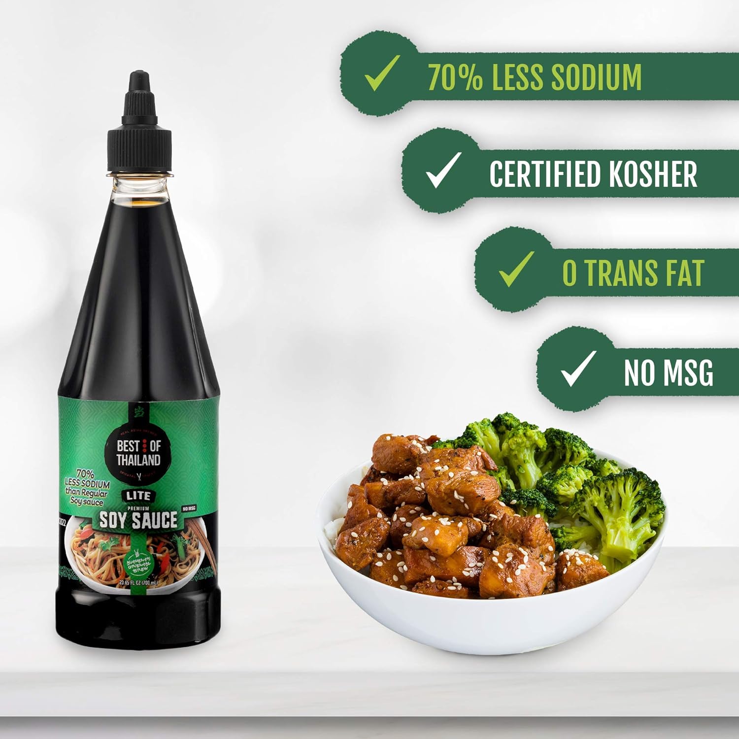 Best Of Thailand Premium Lite Soy Sauce Low Sodium | 2 Bottles of Lite Soy Sauce 23.65oz Real Authentic Asian-Brewed Marinade for Marinating Fish, Meat & Roasted Vegetables | 75% Less sodium