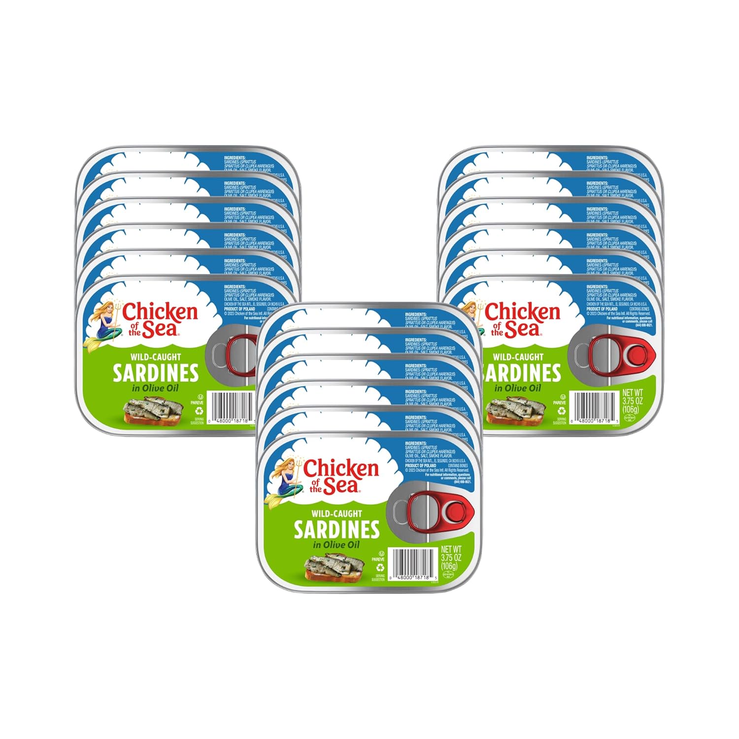 Chicken of the Sea Sardines in Olive Oil, 3.75 oz. (Pack of 18), Wild Caught Canned Sardines, Packaging May Vary