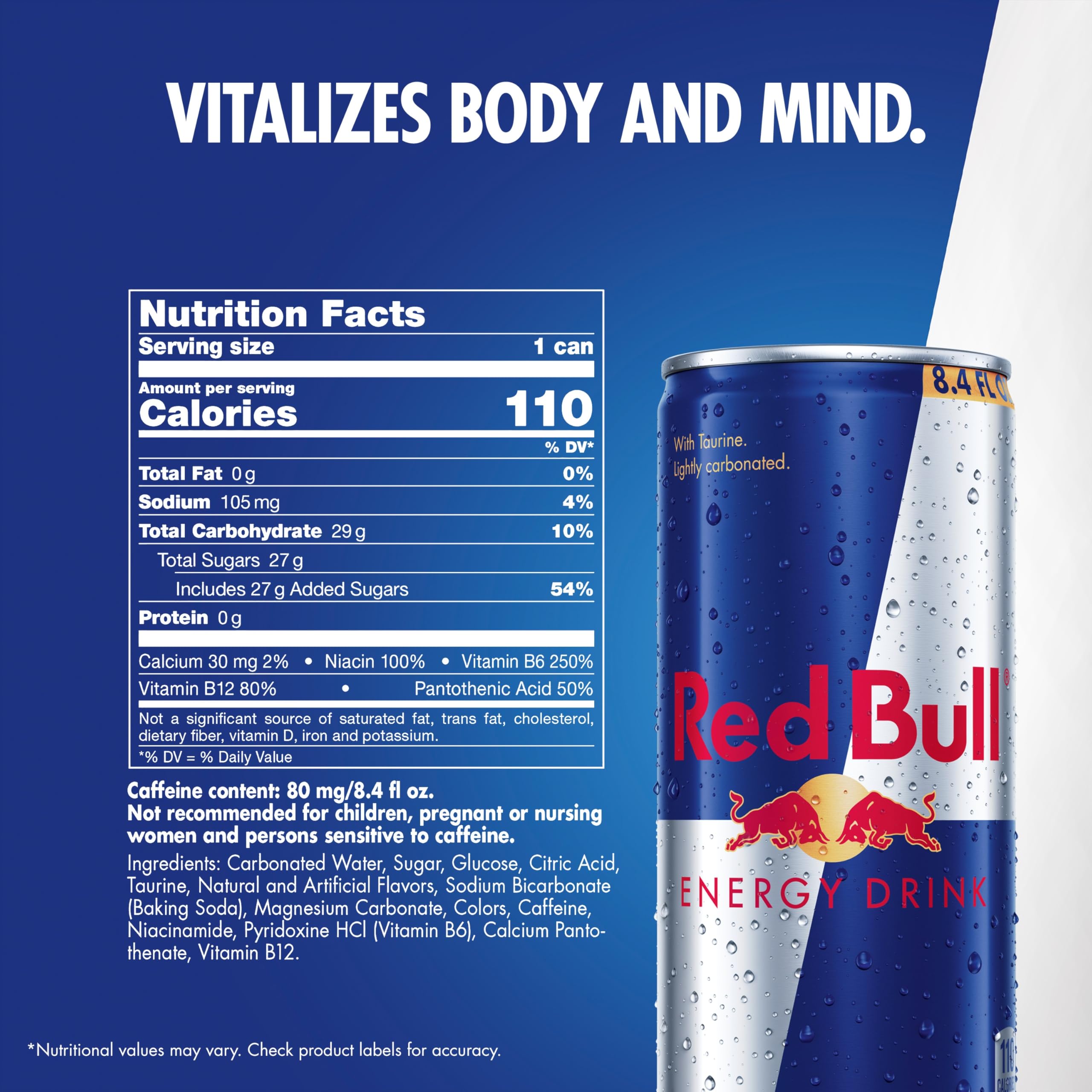 Red Bull Energy Drink with 80mg Caffeine plus Taurine & B Vitamins, 8.4 Fl Oz, 6 Packs of 4 Cans (Pack of 24)