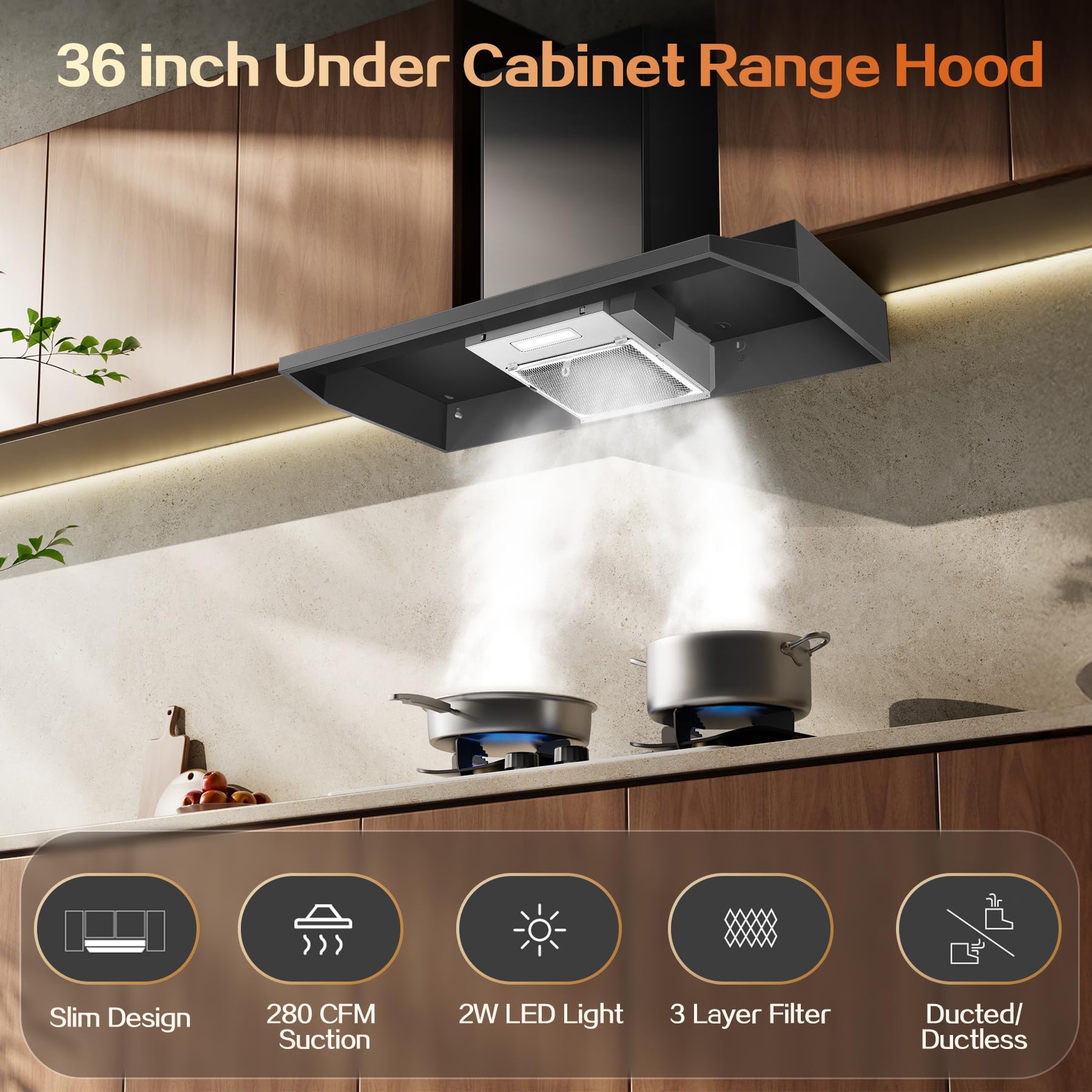 Range Hood 30 inch Under Cabinet, Stainless Steel Kitchen Vent Hood 280CFM, Built-in Kitchen Stove Hood w/Rocker Button Control, Ducted/Ductless Convertible Duct, 2 Speeds Fan, Bright LED Light