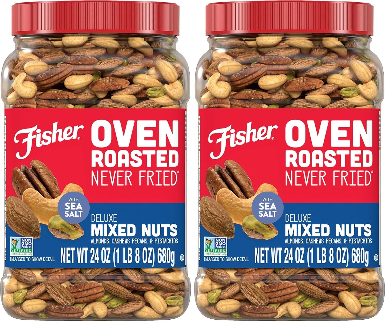Fisher Oven Roasted Never Fried Deluxe Mixed Nuts, 24 Ounces (Pack of 1), Almonds, Cashews, Pecans, Pistachios, Healthy Snacks for Adults, Made With Sea Salt, No Added Oil, Trail Mix, Gluten Free