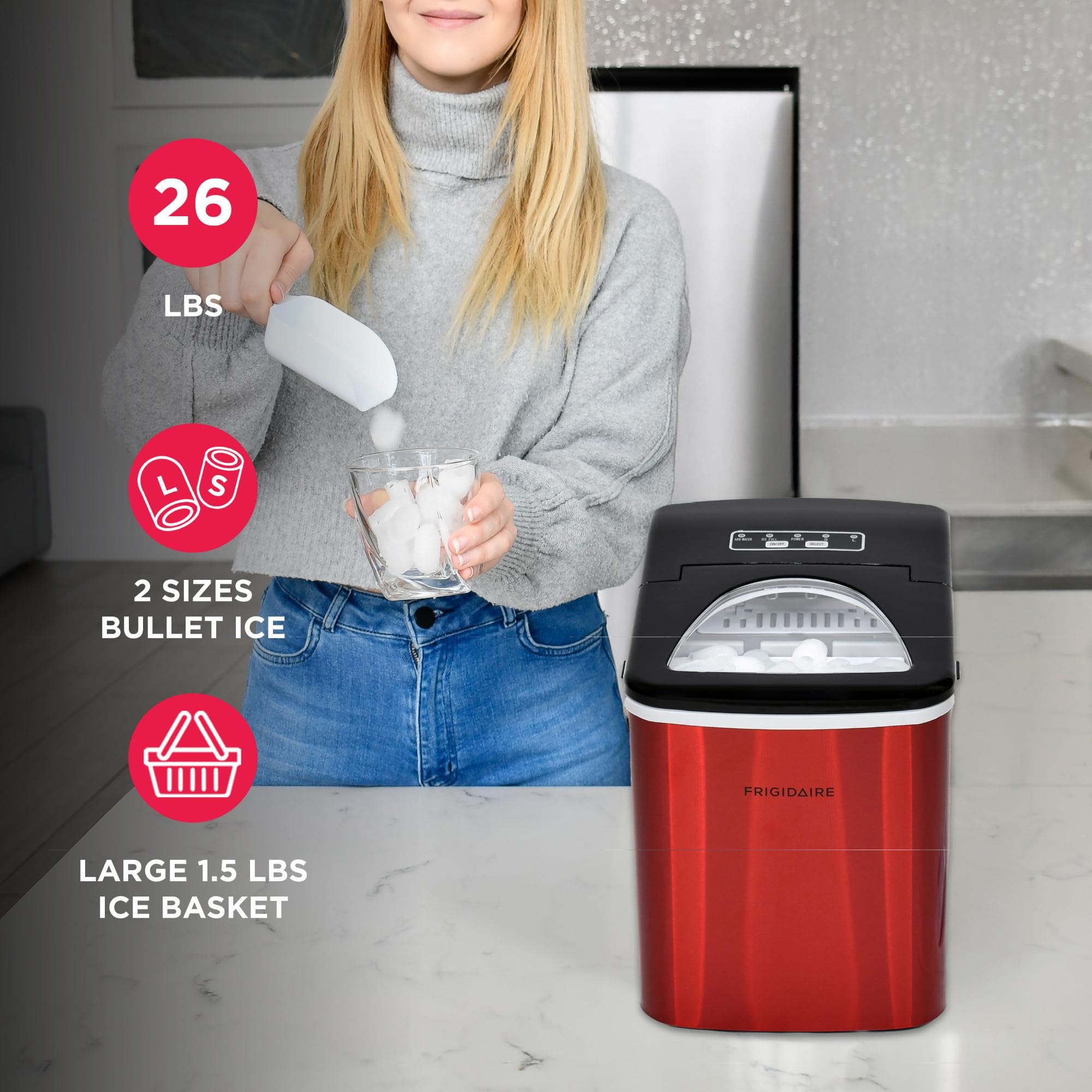 Frigidaire 26 Lbs per Day Portable Compact Maker, Ice Making Machine, Stainless, Medium