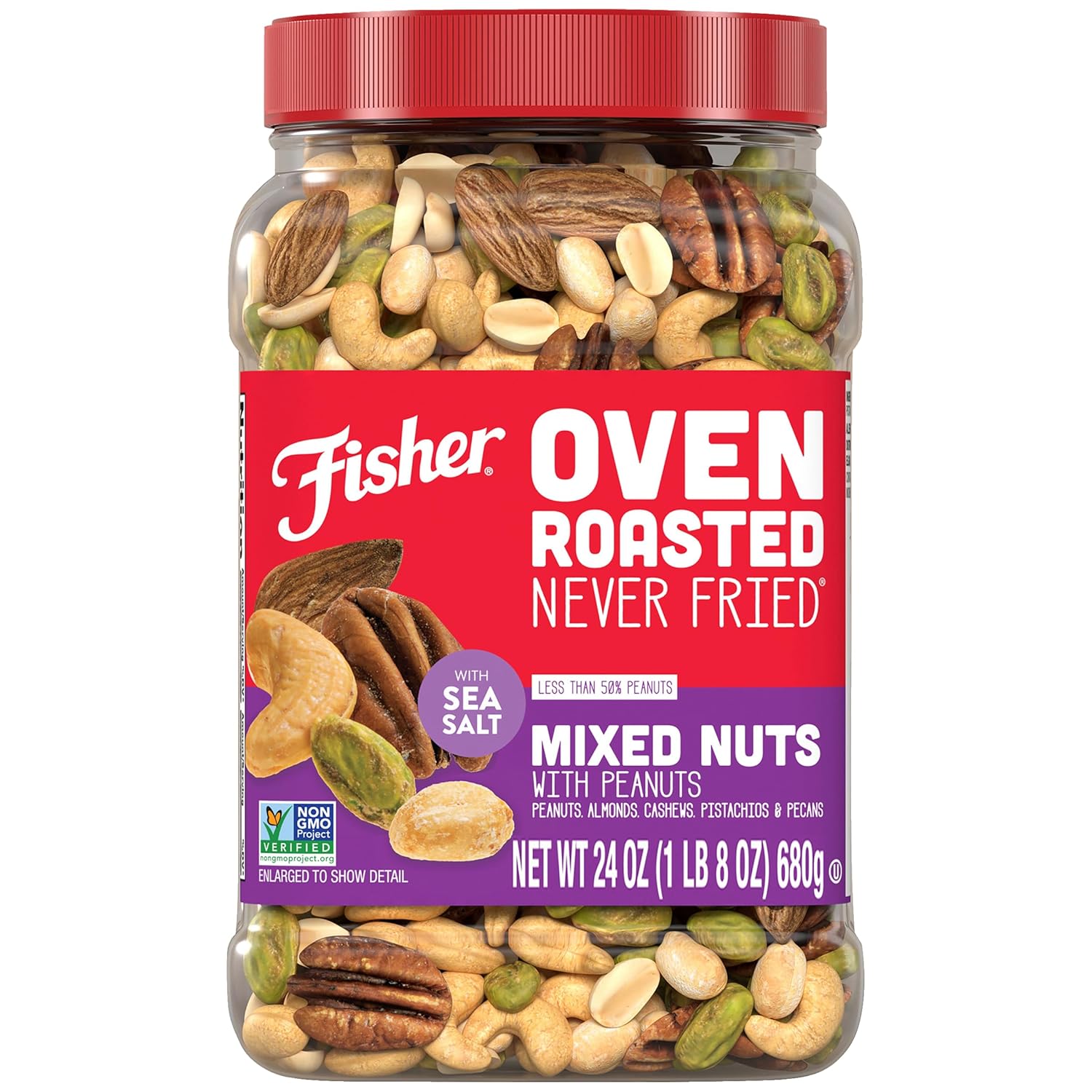 Fisher Oven Roasted Never Fried Deluxe Mixed Nuts, 24 Ounces (Pack of 1), Almonds, Cashews, Pecans, Pistachios, Healthy Snacks for Adults, Made With Sea Salt, No Added Oil, Trail Mix, Gluten Free