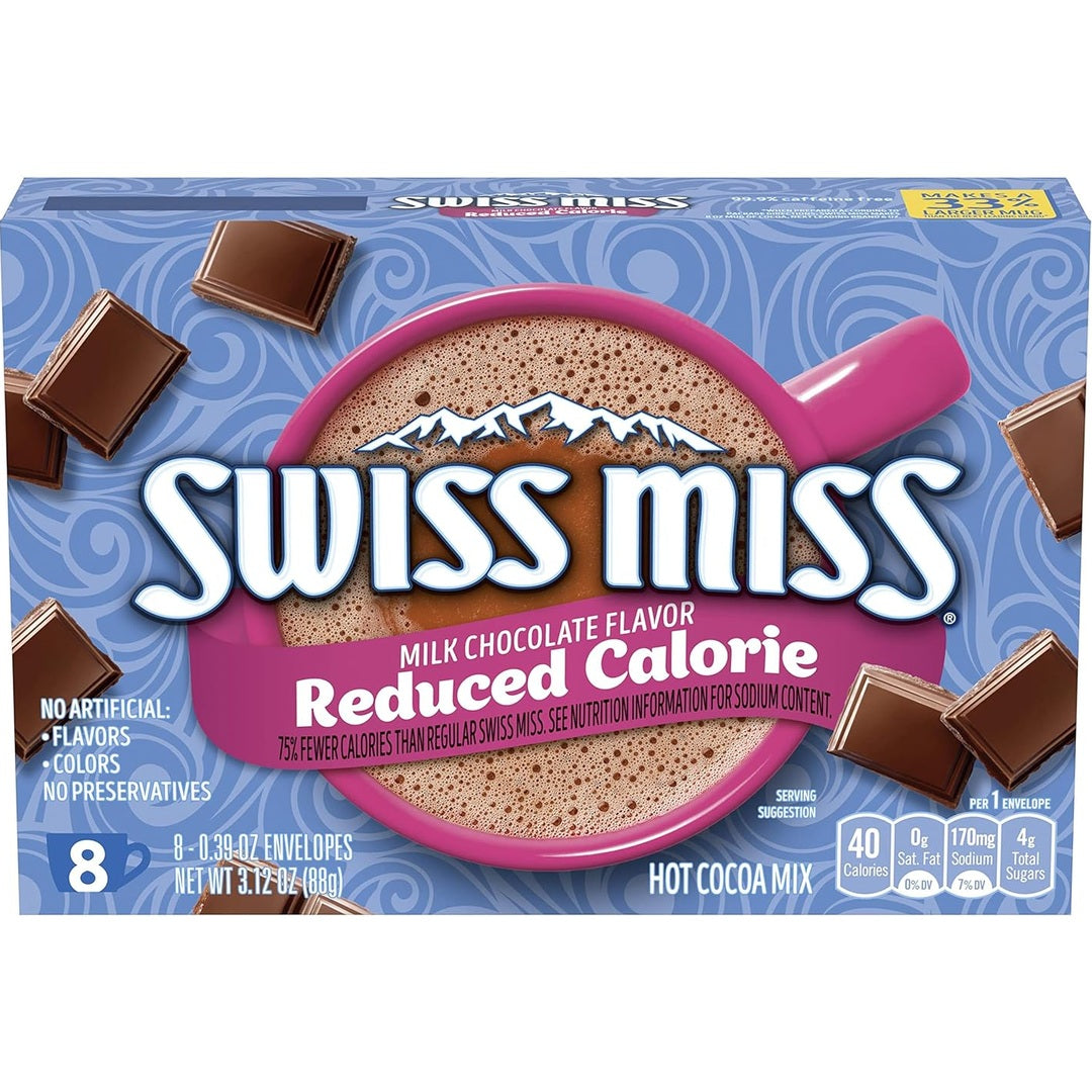 Swiss Miss Milk Chocolate Flavored Reduced Calorie Hot Cocoa Mix, Hot Cocoa Bar Supplies, 0.39 oz., 8-Count Envelopes (12 Boxes)