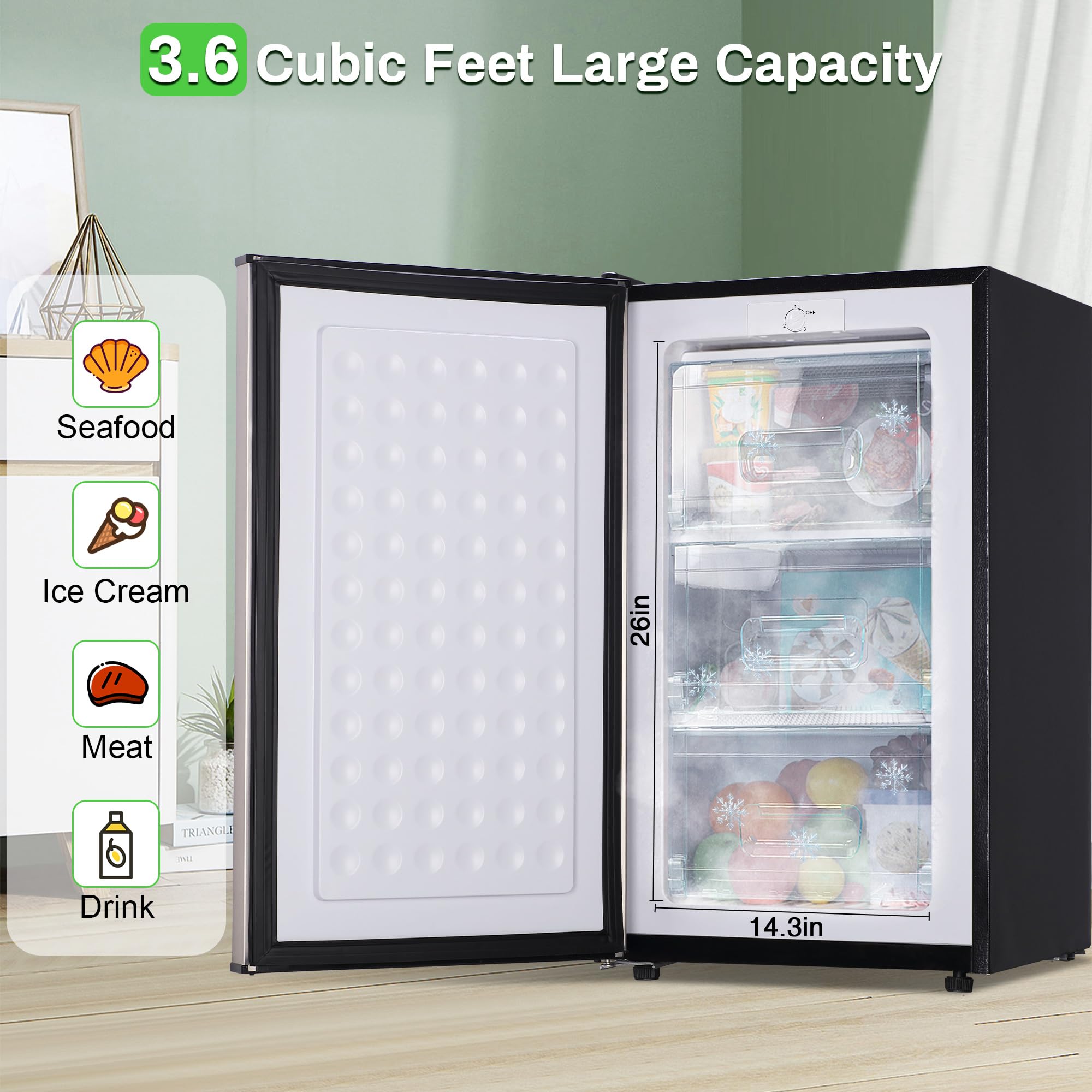 Mini Upright freezer 3.6 Cubic Feet Mini Freezer, Single Door Compact Freezer with Reversible Stainless Steel Door, 3-Speed Temperature Adjustment Small freezer for Home, Glossy Silver
