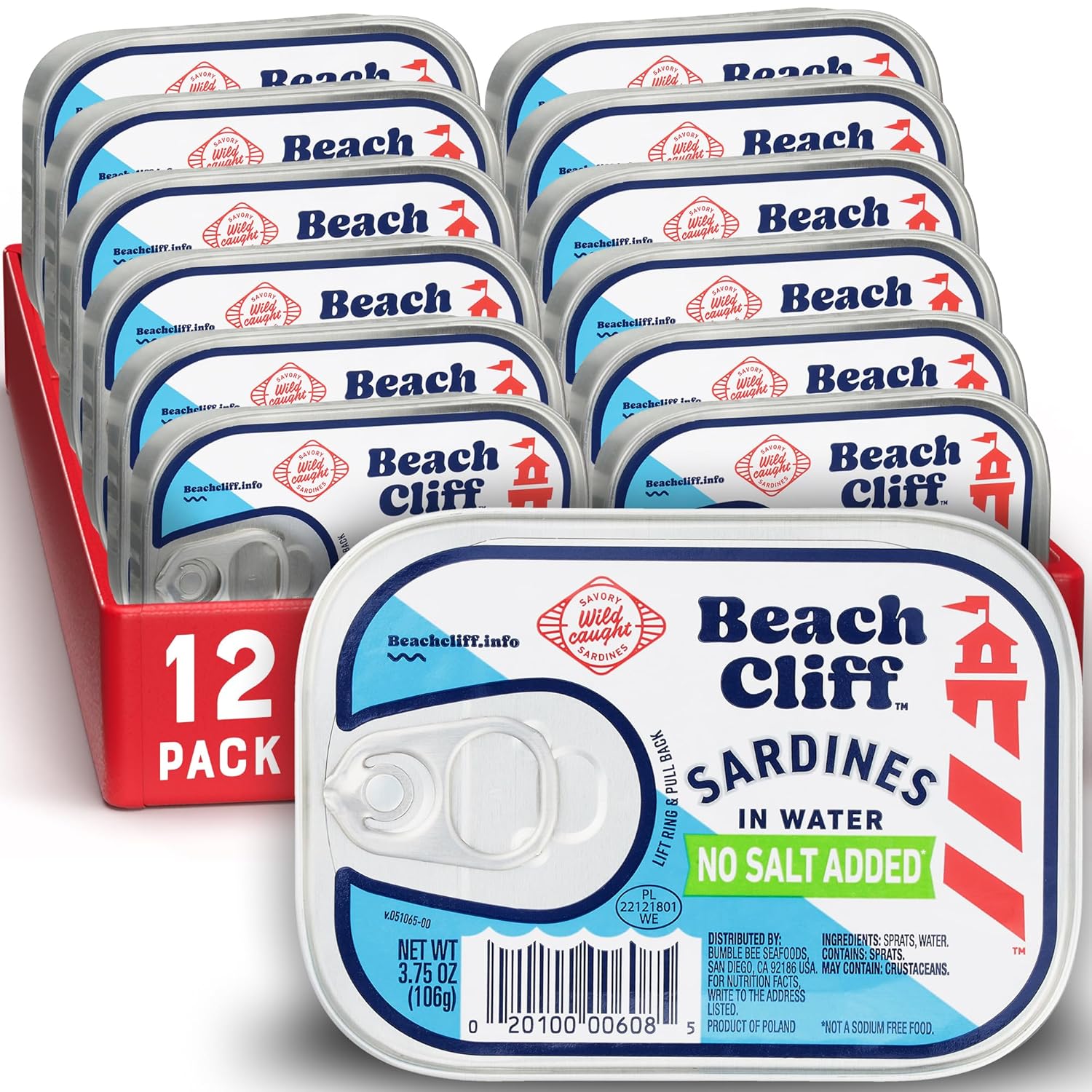 Beach Cliff Sardines in Water, 3.75 oz Can (Pack of 12) - Wild Caught Sardines - 12g Protein per Serving - Gluten Free, Keto Friendly