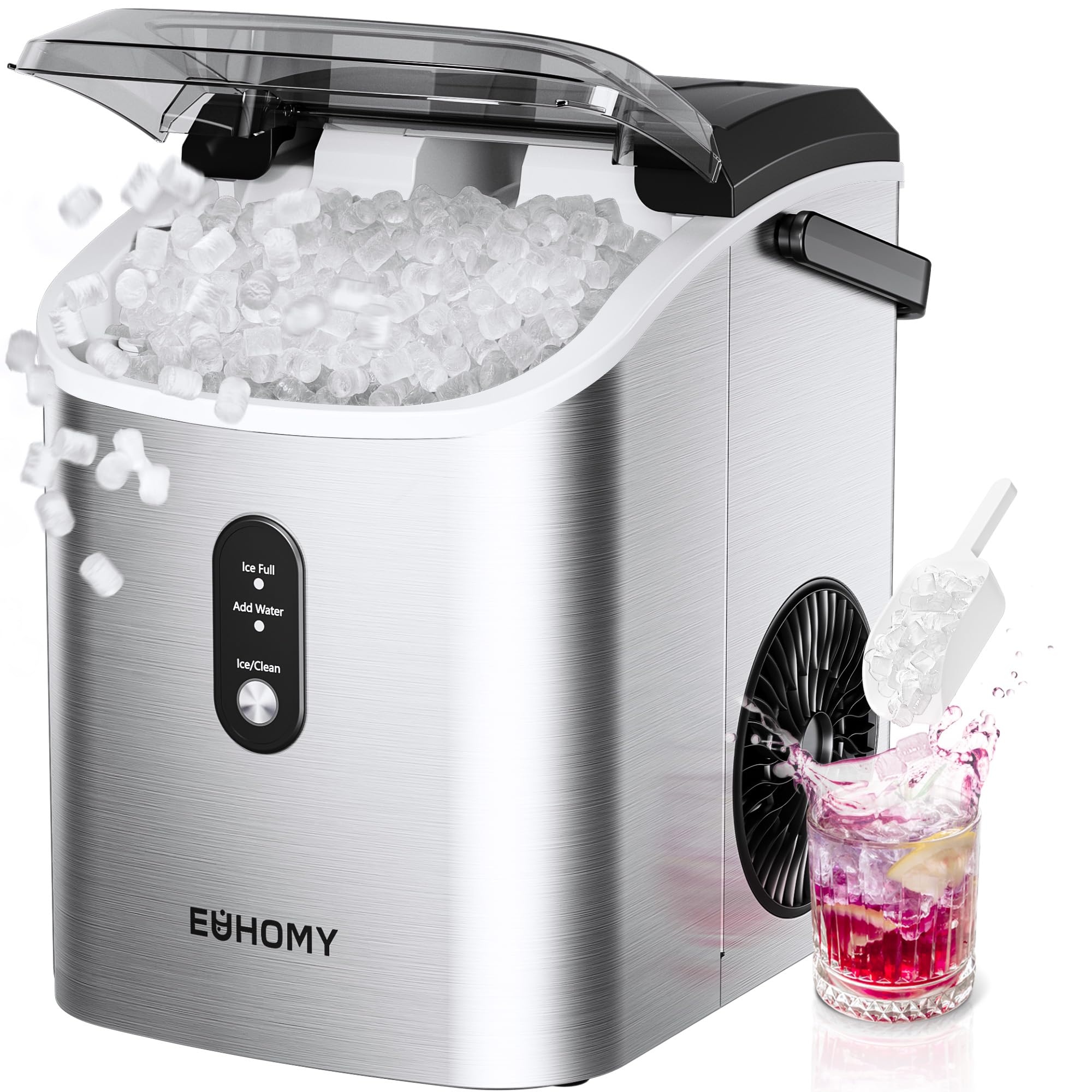 EUHOMY Nugget Ice Maker Countertop with Handle, Ready in 6 Mins, 34lbs Per Day, Removable Top Cover, Auto-Cleaning, Portable Sonic Ice Maker with Basket and Scoop, for Home/Party/RV/Camping (Black)