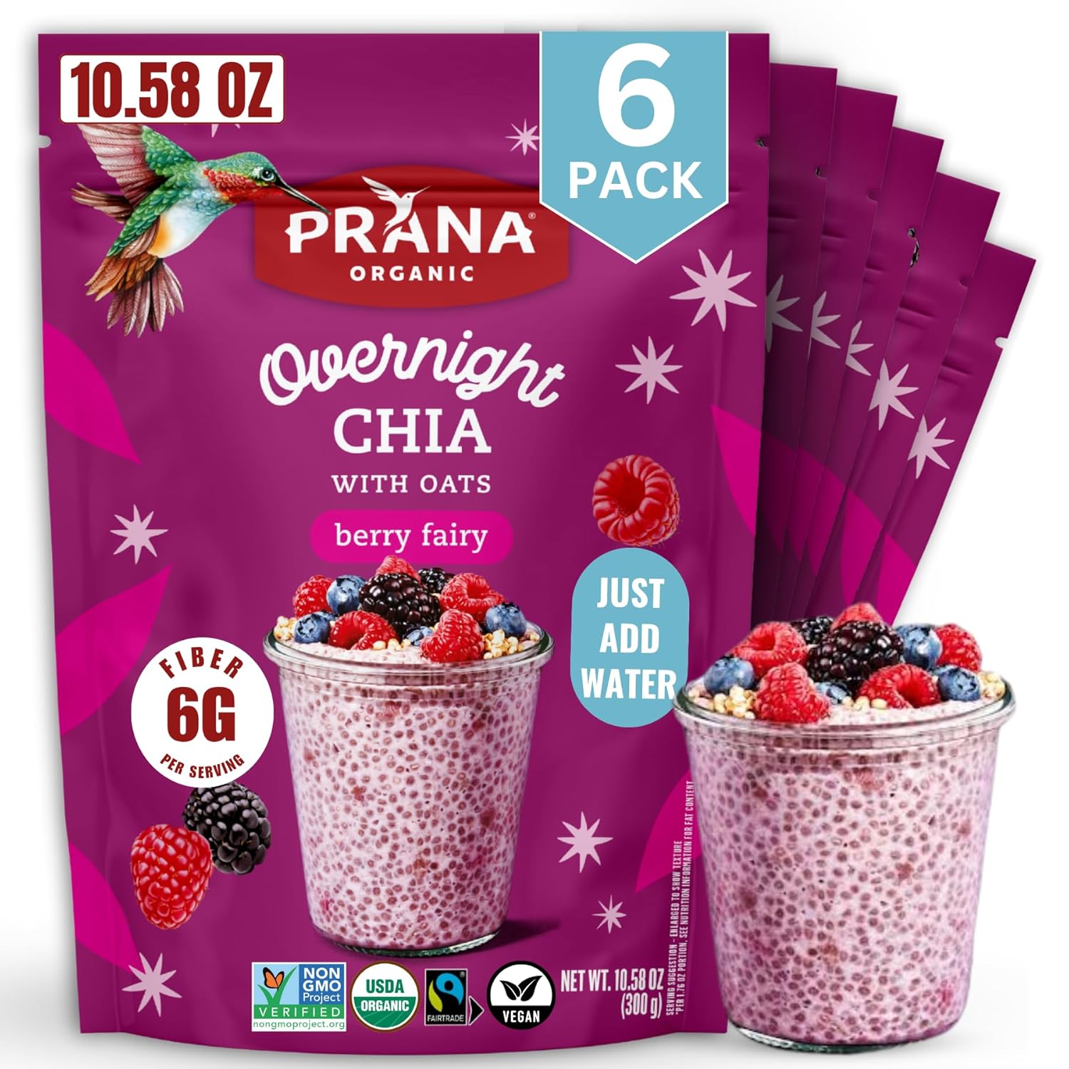 Prana Organic Overnight Chia with Oats Berry Fairy | Rich in Fiber & Protein, Vegan, Non-GMO | Ready to Eat Breakfast - 28 oz Bags - 2 Pack