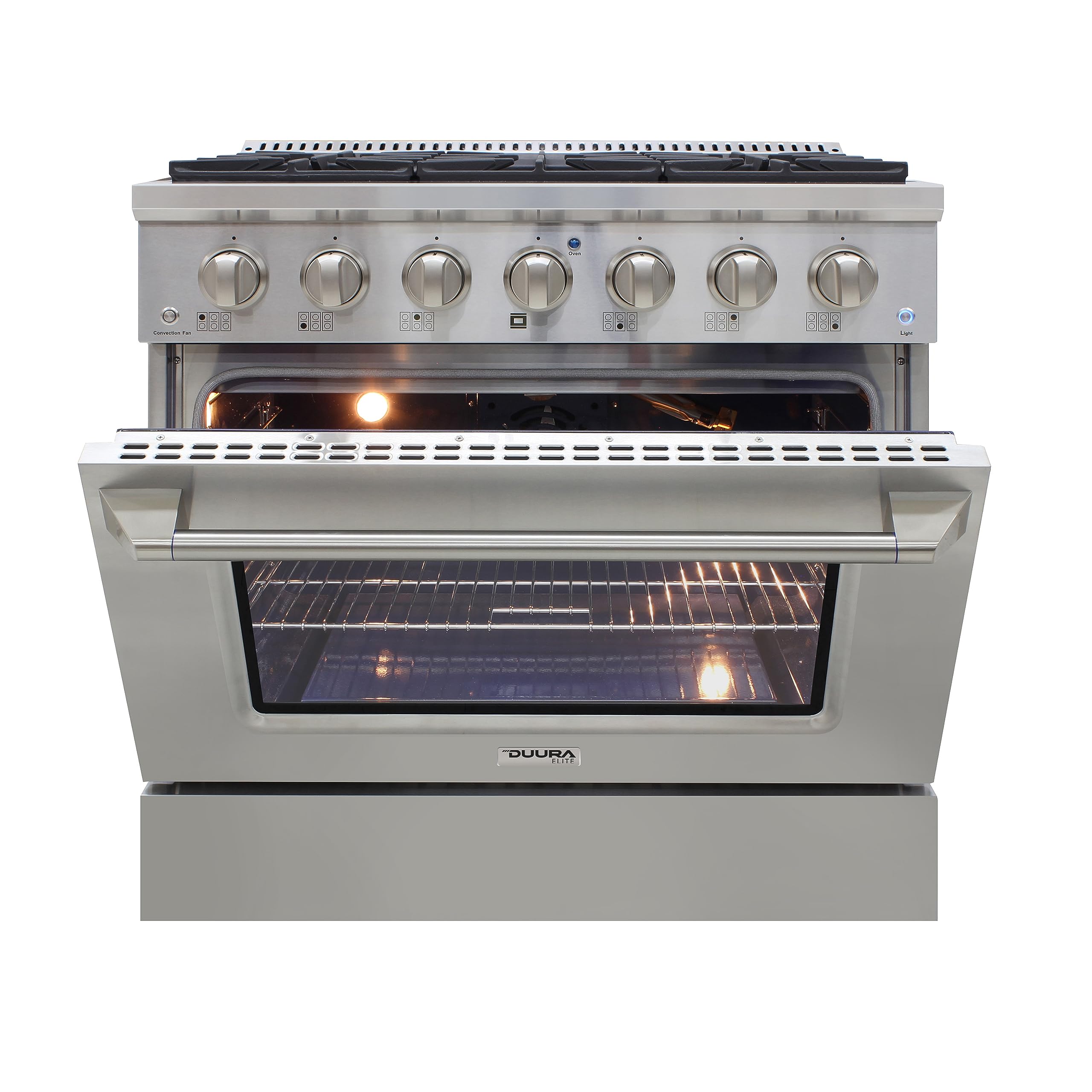 DUURA Elite Gas Range Cooktop, 48-Inch with Double Porcelain Convection Oven and Broil Function, 8 Sealed Burners Continuous Grates with Stainless Steel Construction, 6.7-Cu.Ft, Metallic