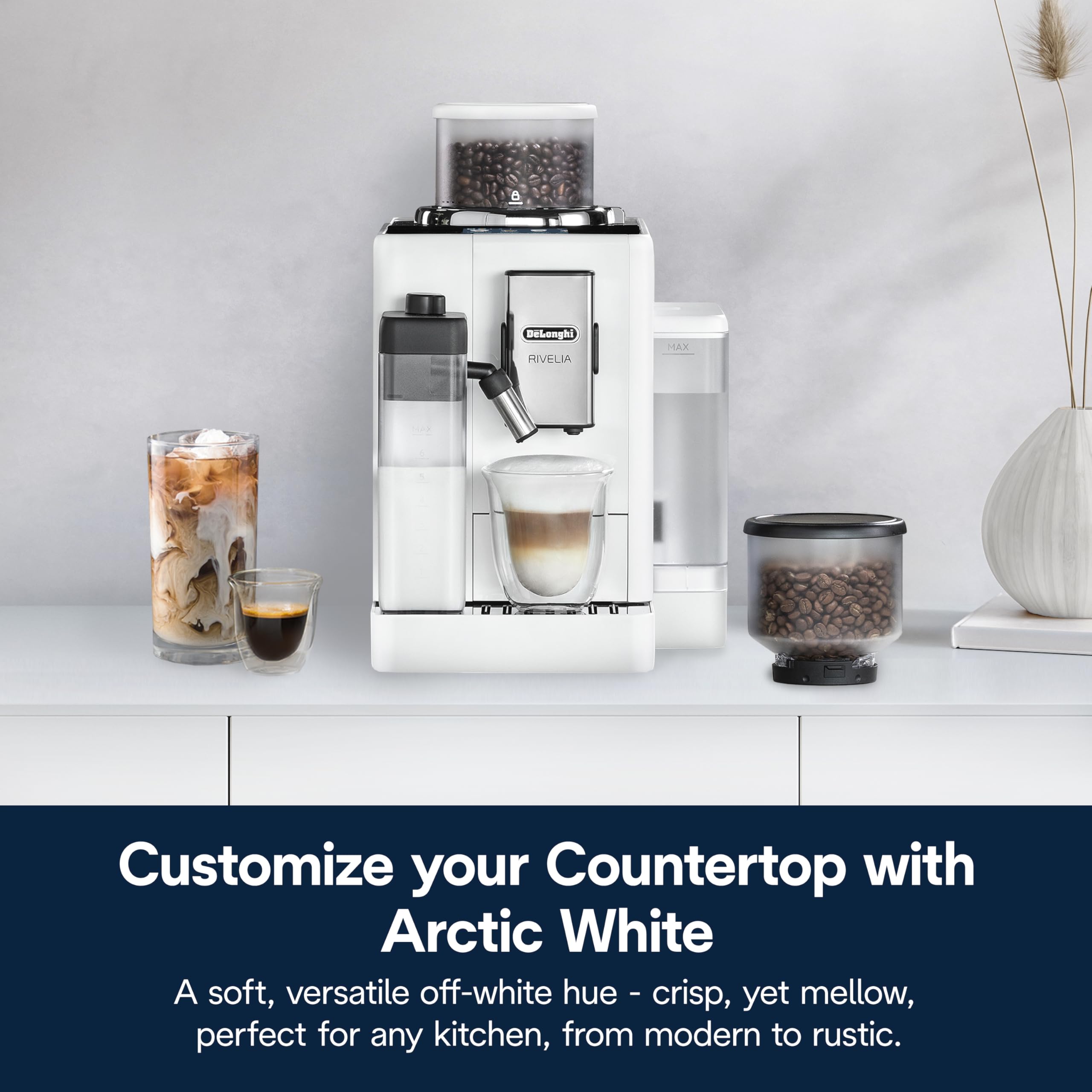 De'Longhi Rivelia Automatic Espresso Machine with Grinder & Milk Frother – All-in-One Coffee Maker, Hot & Iced Latte, Cappuccino, Bean Switch System, Burr Grinder, Compact Italian Design, Black