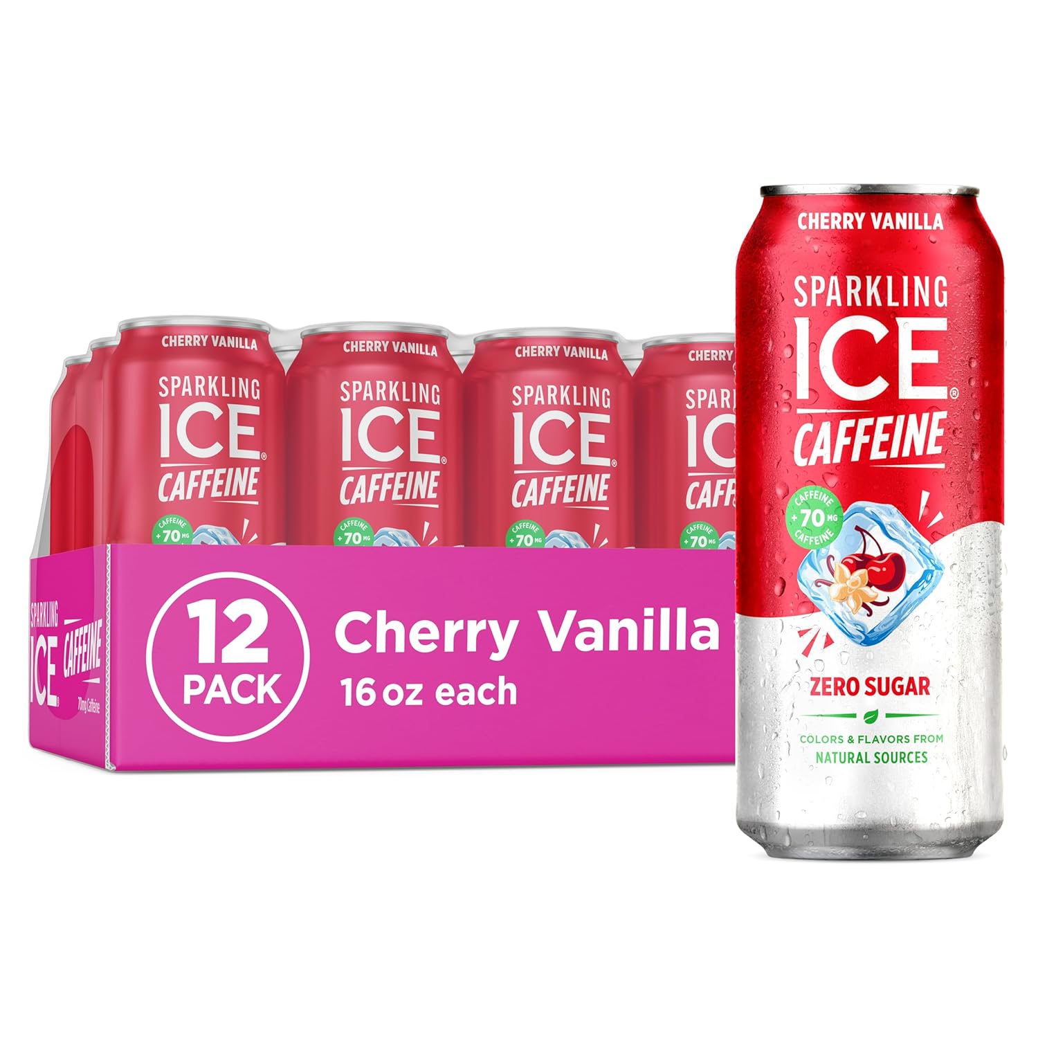 Sparkling Ice Caffeine Blue Raspberry Sparkling Water with Caffeine, Zero Sugar, with Antioxidants and Vitamins,16 fl oz Cans (Pack Of 12)
