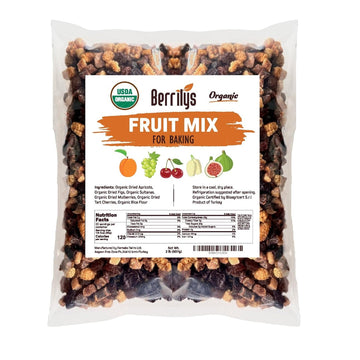 Berrilys Dried Fruit Mix, 2 Lbs, Organic, Diced Figs, Diced Apricots, White Mulberries, Sultanas, Sour Cherries, No Sugar Added, Trail Mix for Baking and Snacking