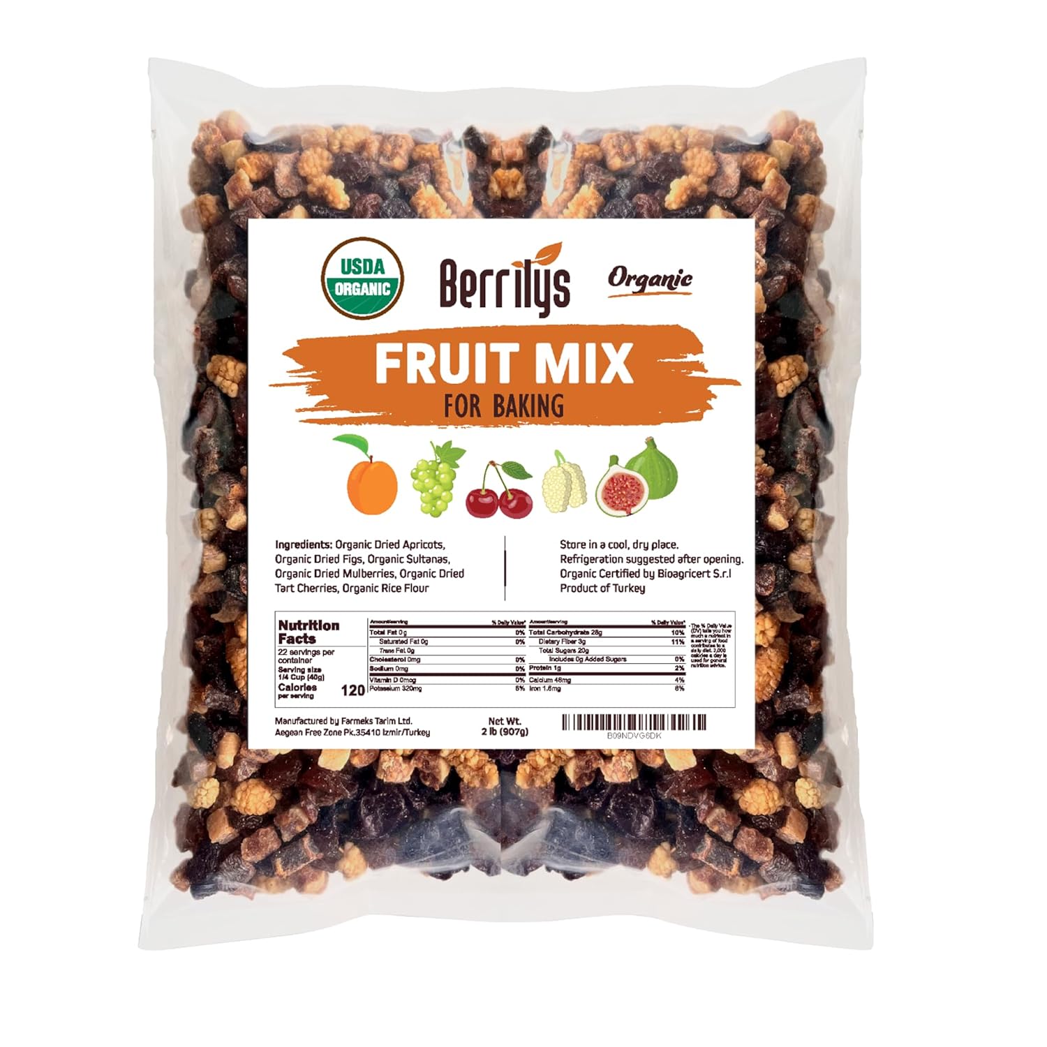 Berrilys Dried Fruit Mix, 2 Lbs, Organic, Diced Figs, Diced Apricots, White Mulberries, Sultanas, Sour Cherries, No Sugar Added, Trail Mix for Baking and Snacking