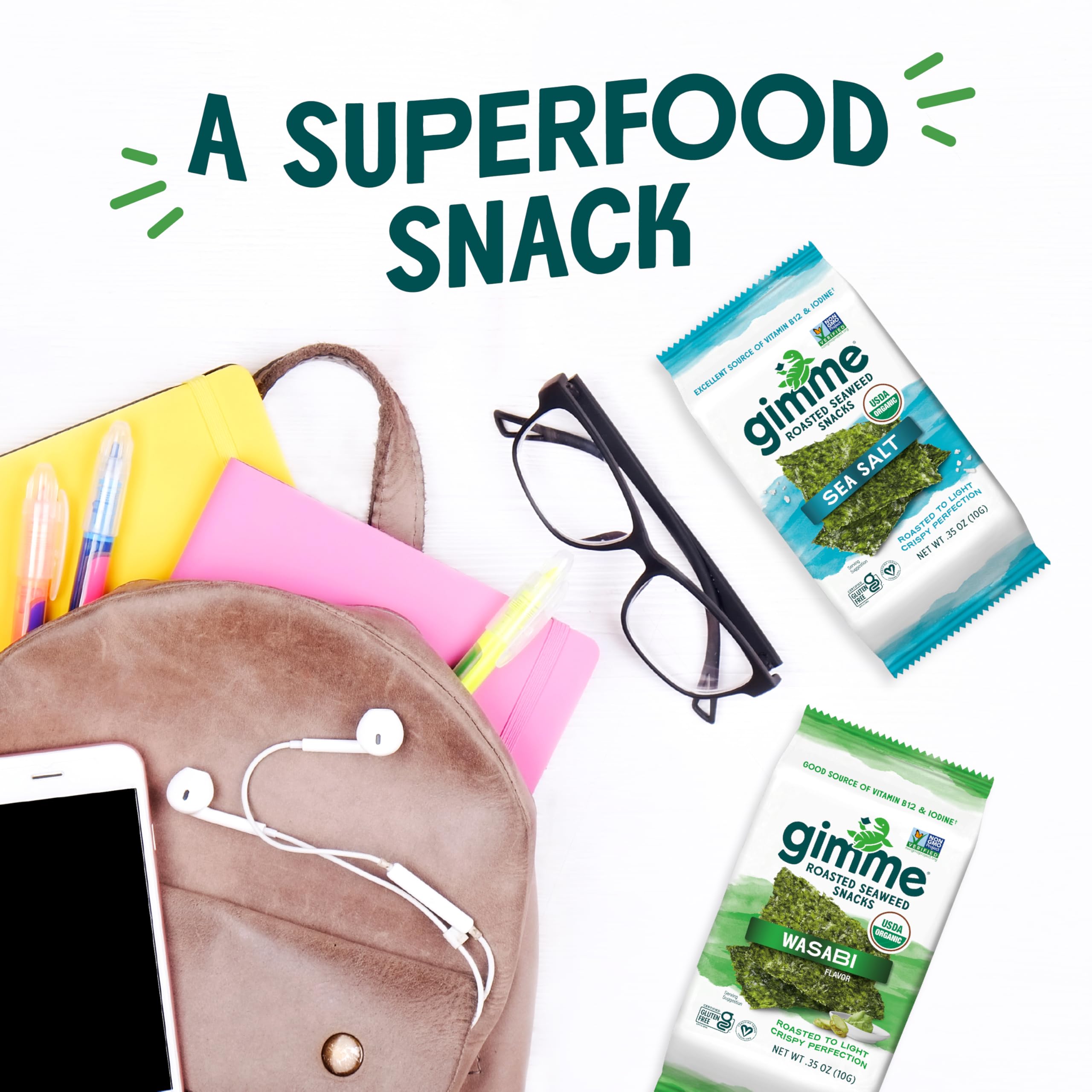 Gimme Seaweed Organic Premium Roasted Seaweed Snacks, Sea Salt, 20 Count, Keto, Vegan, Gluten-Free, Great Source of Omega3s and Iodine, Healthy On-The-Go Snack for Kids and Adults