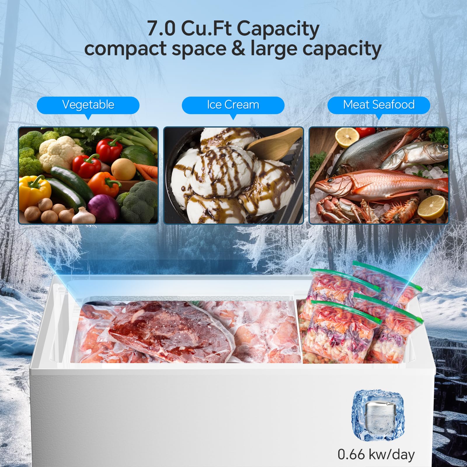 Kismile 2.8 Cubic Feet Chest Freezer with 2 Removable Basket Free Standing Top Open Door Compact Freezer with Adjustable Temperature for Home/Kitchen/Office/Bar
