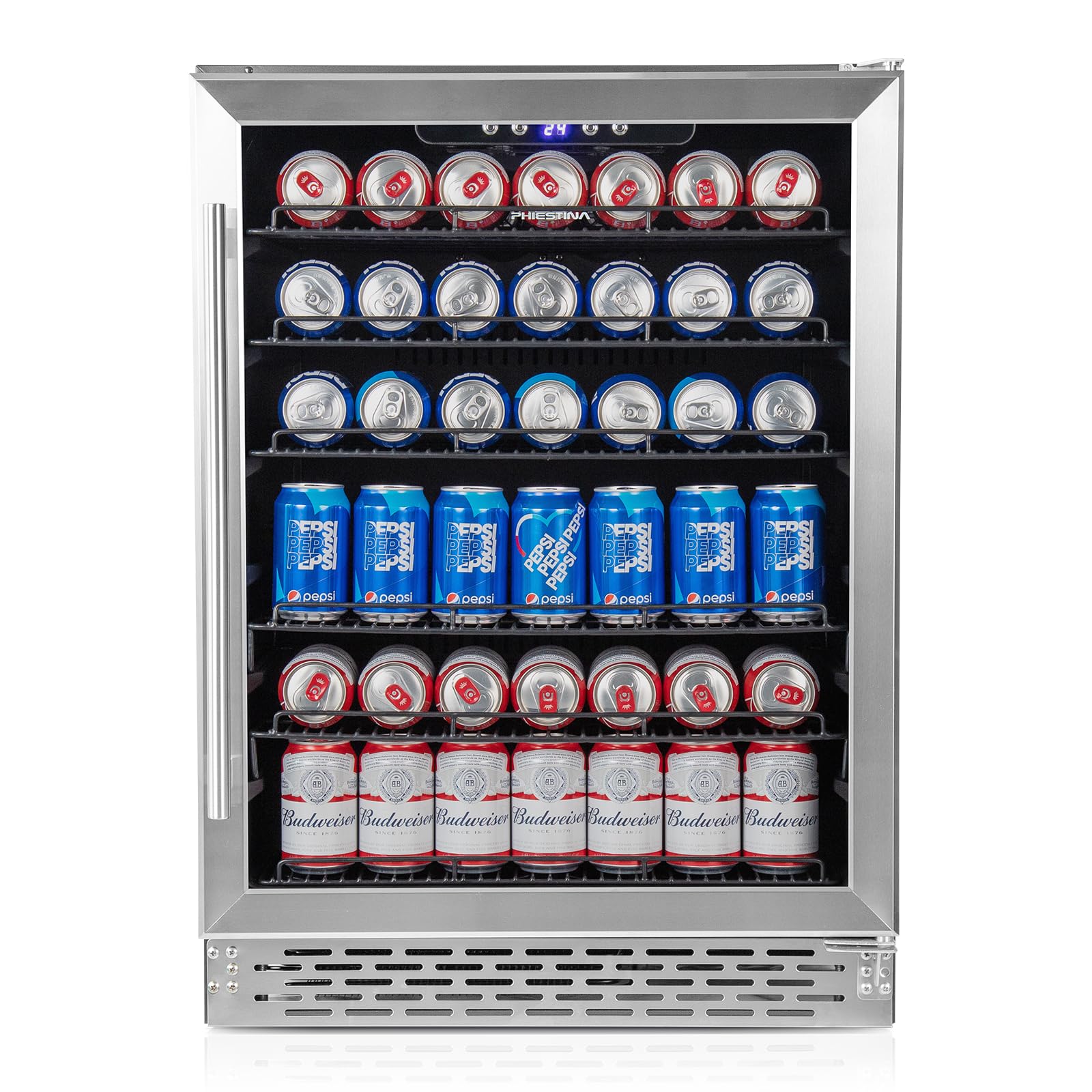 Phiestina Beverage Fridge, 24 Inch Wine and Beverage Refrigerator, Under Counter Wine Cooler- 20 Bottles & 76 Cans, Built-in/Freestanding Dual Zone with Glass Door