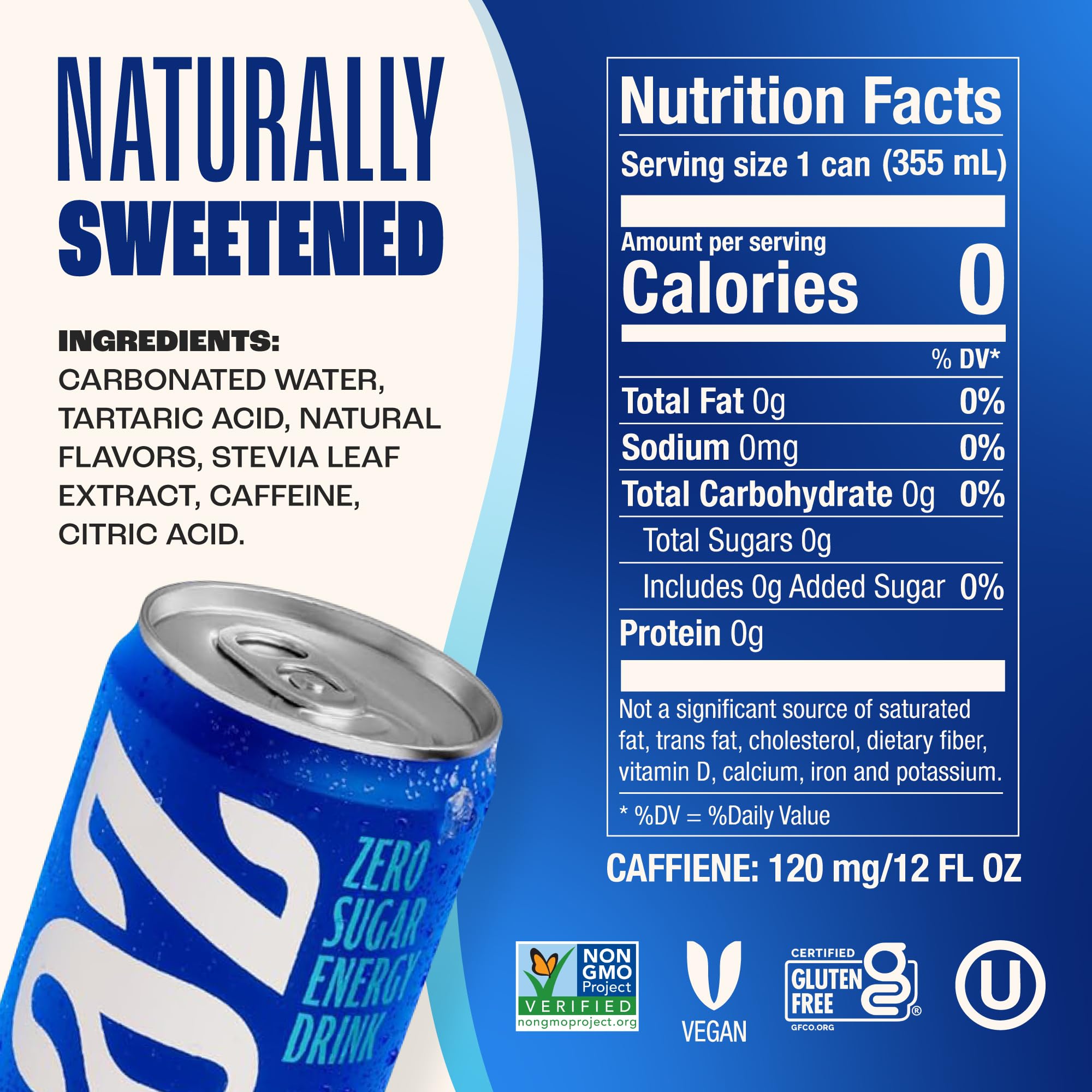 Zevia Zero Sugar Energy Drink, Classic Variety Pack, 12 oz Cans (12-Pack) – Naturally Sweetened, Non-GMO Project Verified, Gluten-Free, Vegan