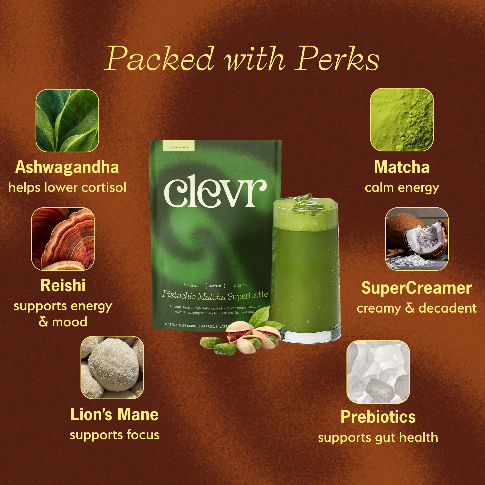 Clevr Organic Matcha Green Tea Latte, Instant Ceremonial Grade, Superfood Powder Blend with Oat Milk, Lions Mane, Reishi Mushroom, Coconut Cream, Ashwagandha, Serve Hot or Iced, (14 Lattes)