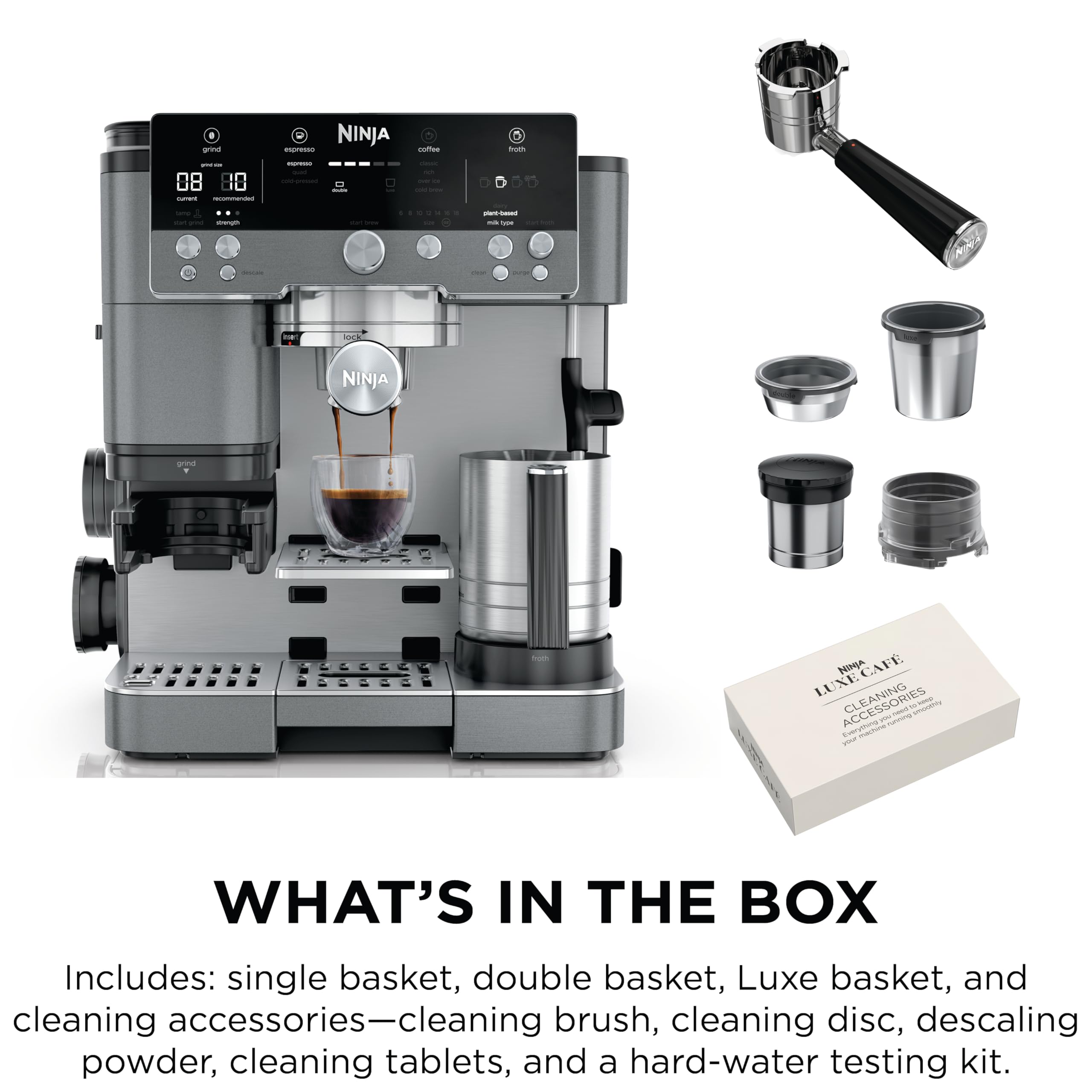Ninja Luxe Café Premier 3-in-1 Espresso Machine, Drip Coffee, & Rapid Cold Brew | Built-in Coffee Grinder, Hands-Free Milk Frother, Assisted Tamper for Cappuccinos & Lattes | Stainless Steel | ES601