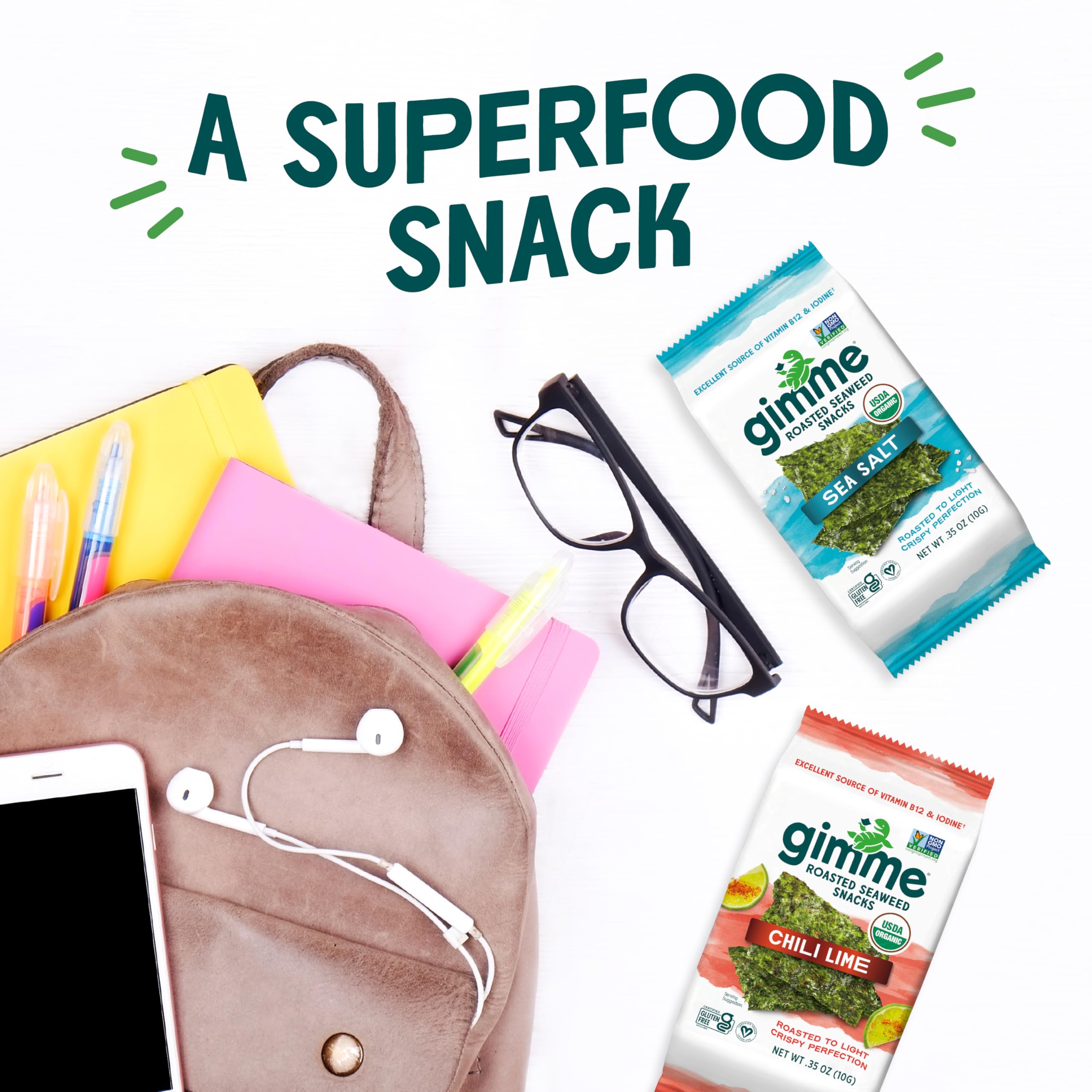 Gimme Seaweed Organic Premium Roasted Seaweed Snacks, Sea Salt, 20 Count, Keto, Vegan, Gluten-Free, Great Source of Omega3s and Iodine, Healthy On-The-Go Snack for Kids and Adults