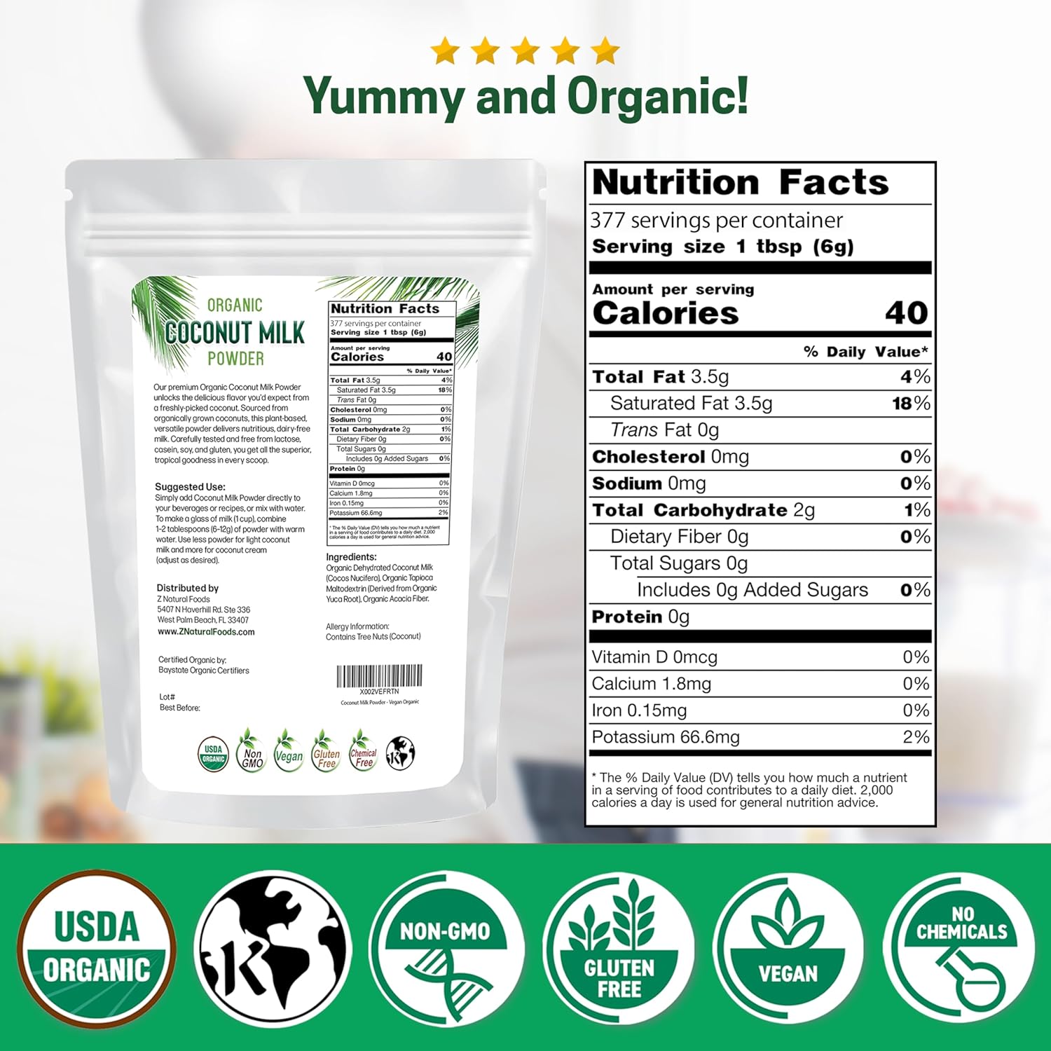 Z Natural Foods Premium Whole Milk Powder - Powdered Milk for Baking, Cooking, Drinks - Dry Milk Powder, Pasteurized, Non-GMO, Gluten-Free, Kosher-Certified, 5 lbs