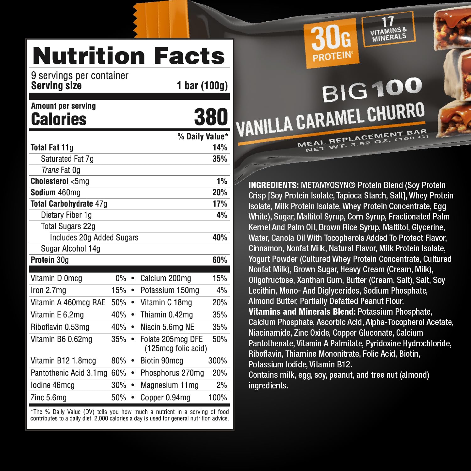 MET-Rx Big 100 Protein Bar, Meal Replacement Bar, 32G Protein, Super Cookie Crunch, 9 Bars (Pack of 1)
