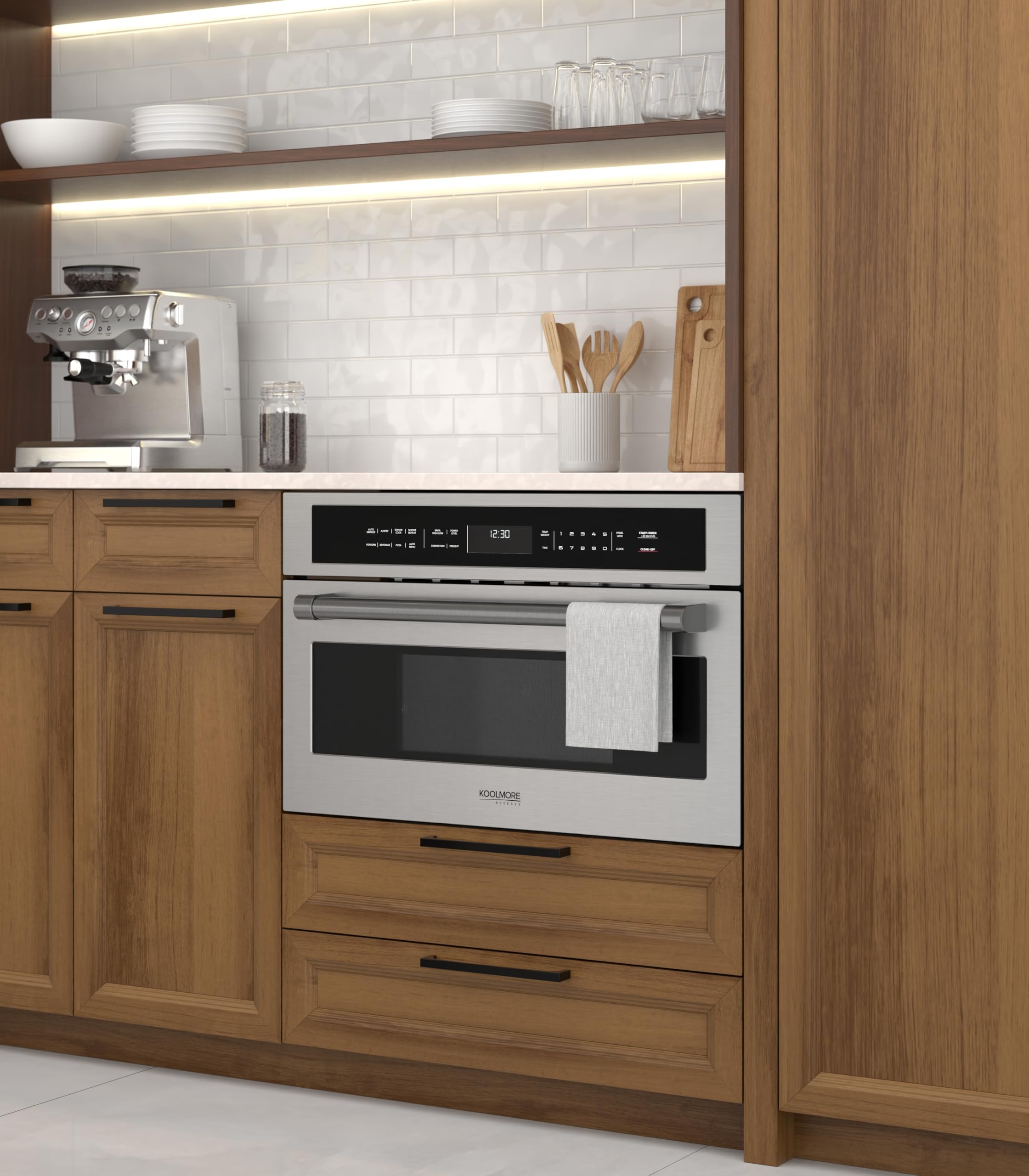 KoolMore Reserve Built-in Microwave Convection Oven with Air Fry, 3-in-1 Combo, Sensor Cook, Soft-Close Door, Stainless Steel, 24 in. / 1.6 cu. ft. with NEMA 5-20P Plug in Black