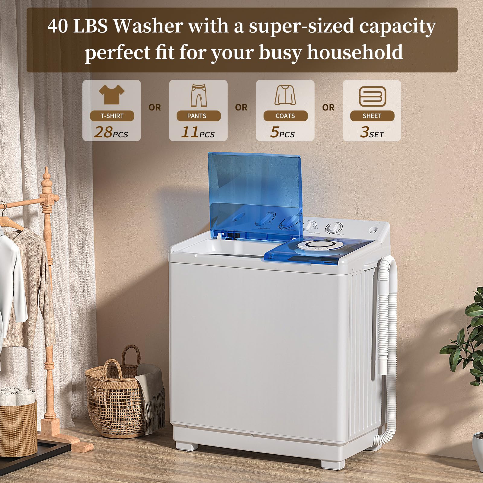 VCJ Portable Washing Machine, Twin Tub Washing Machine Laundry Compact Washer spinner Combo with 14lbs capacity, 9Lbs Washer and 5Lbs Spinner dryer for Apartments RVs and Dorms