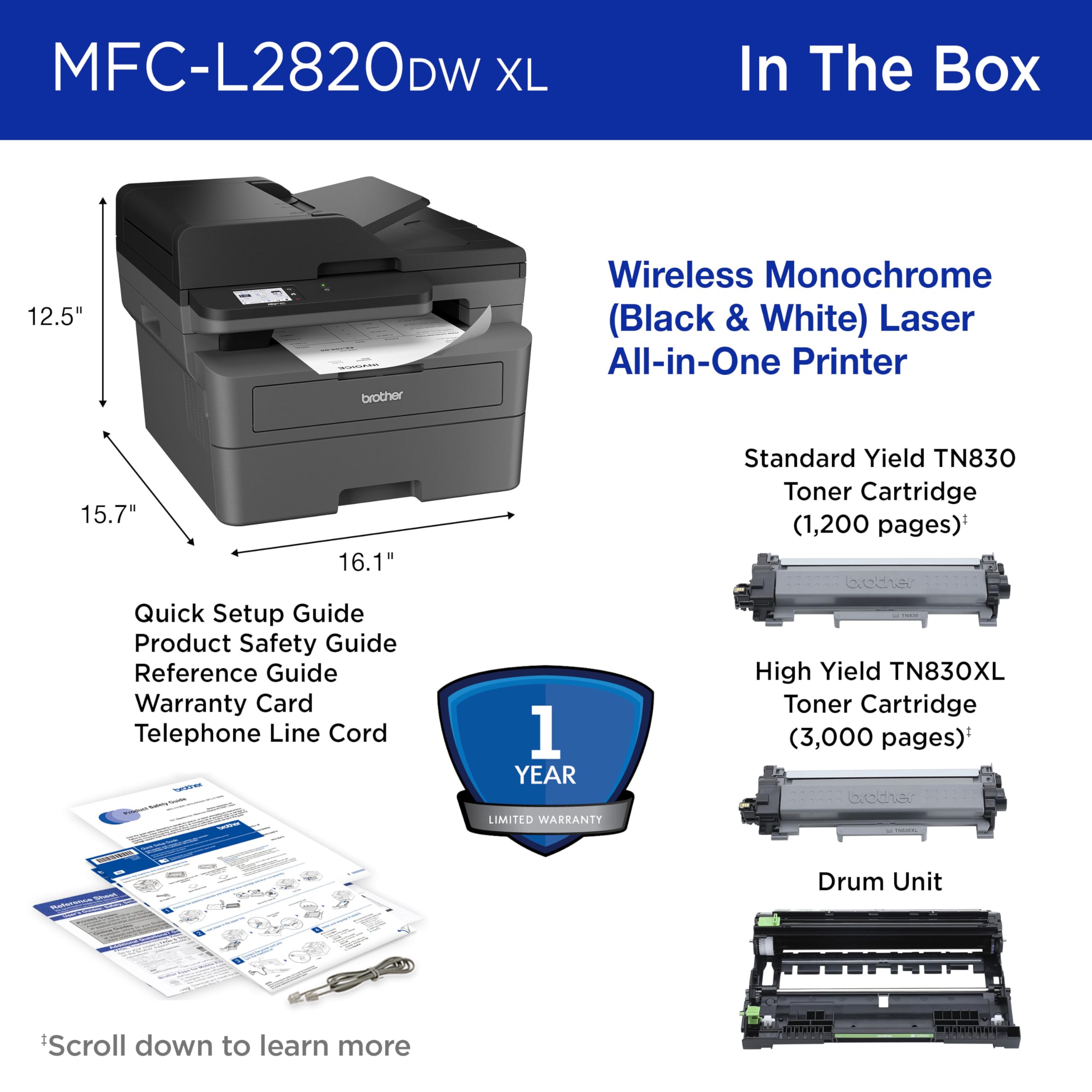 Brother MFC-L2820DW Wireless Compact Monochrome All-in-One Laser Printer with Copy, Scan and Fax, Duplex, Black & White | Includes Refresh Subscription Trial(1), Works with Alexa