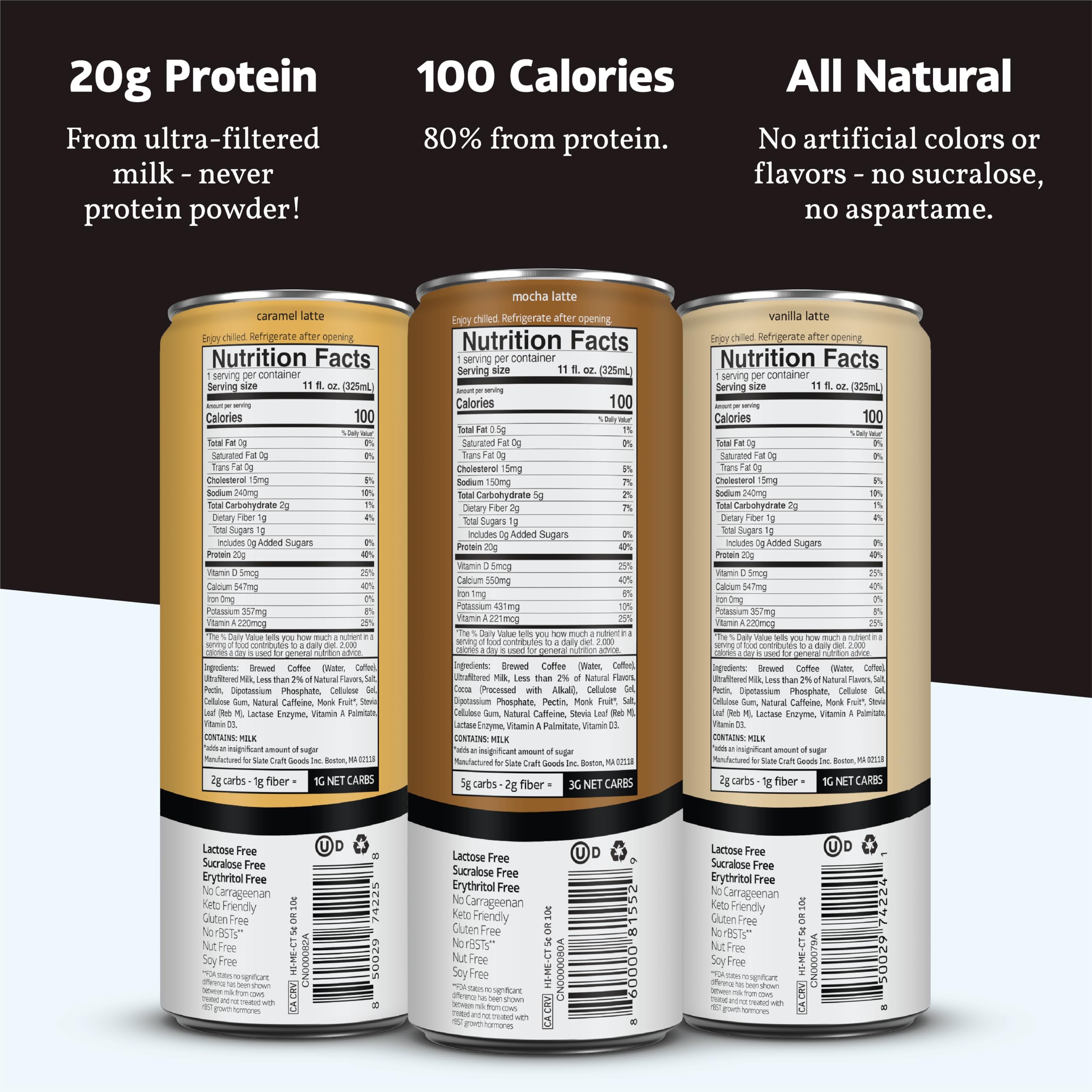 Slate Milk - High Protein Milk Shake - French Vanilla - Lactose Free, 20g Protein, 1g Sugar, 100 Calories, 1g Net Carbs, No Added Sugar - Natural, Breakfast Boost, Post Workout - 11 fl oz, 12 Cans